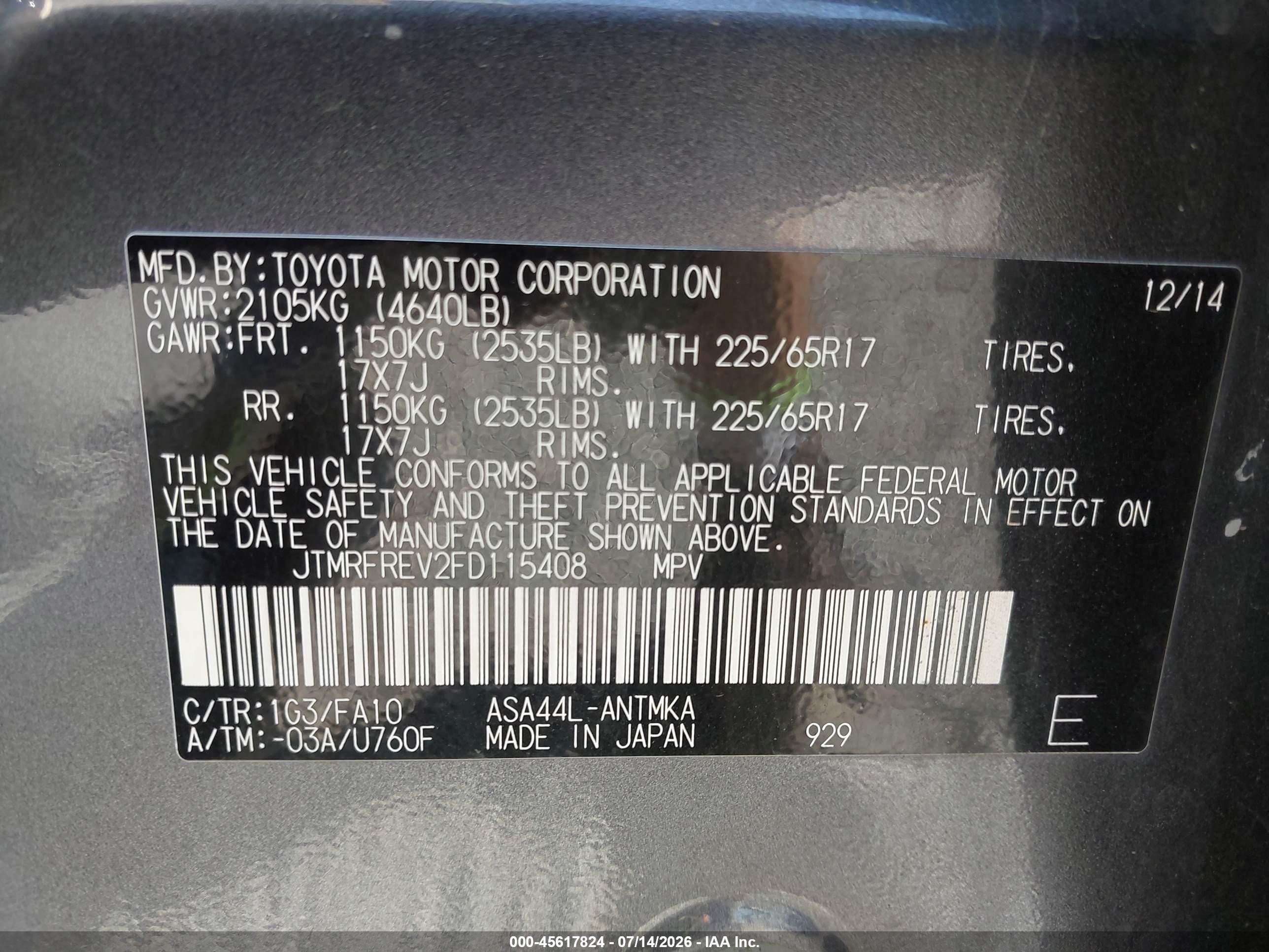 2015 Toyota Rav4 Xle Green vin: JTMRFREV2FD115408