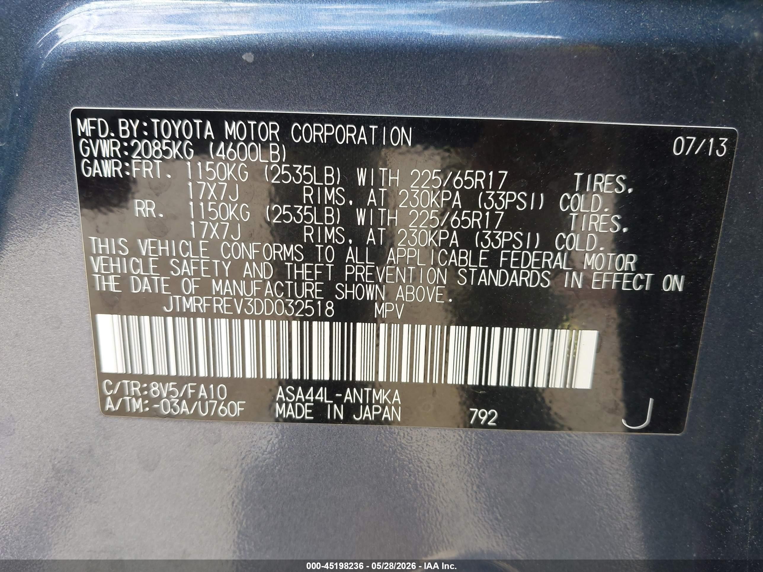 2013 Toyota Rav4 Xle Blue vin: JTMRFREV3DD032518