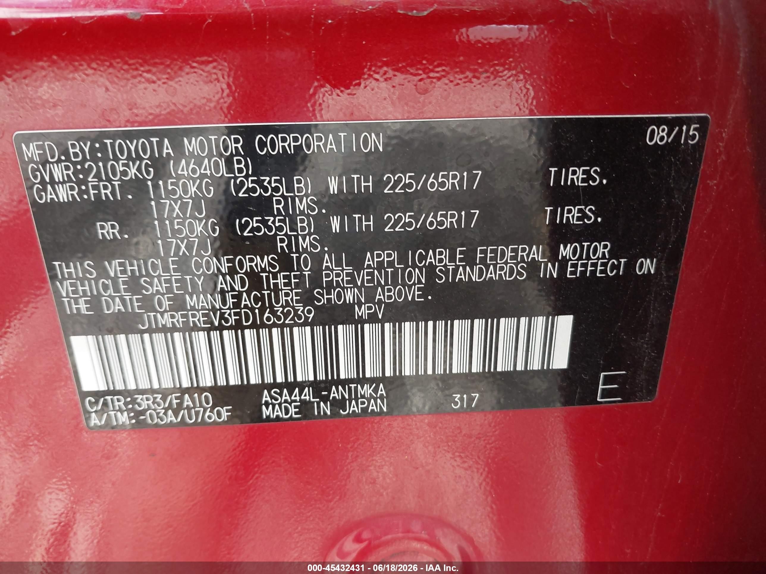 2015 Toyota Rav4 Xle Red vin: JTMRFREV3FD163239