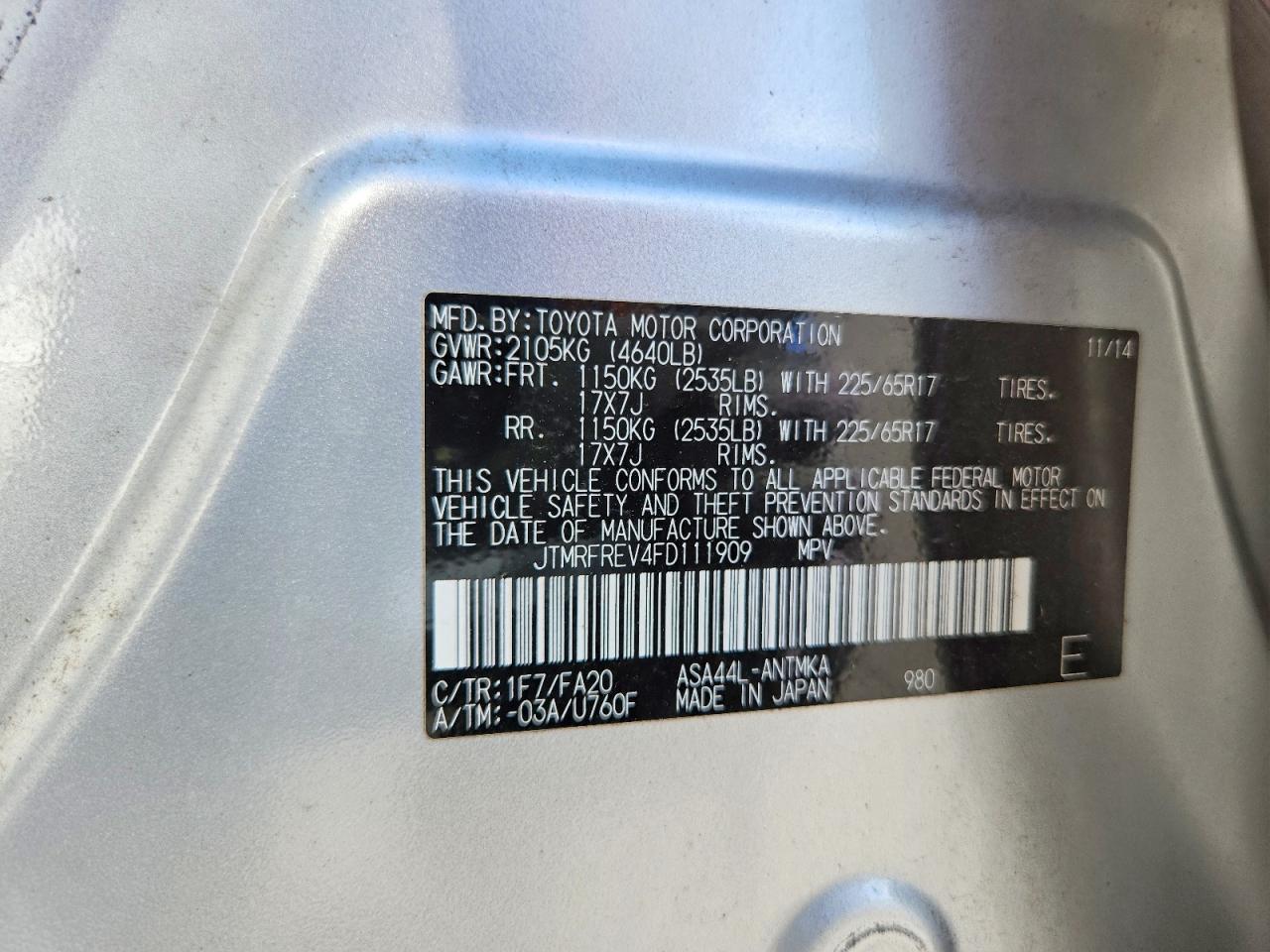 2015 Toyota Rav4 Xle Silver vin: JTMRFREV4FD111909