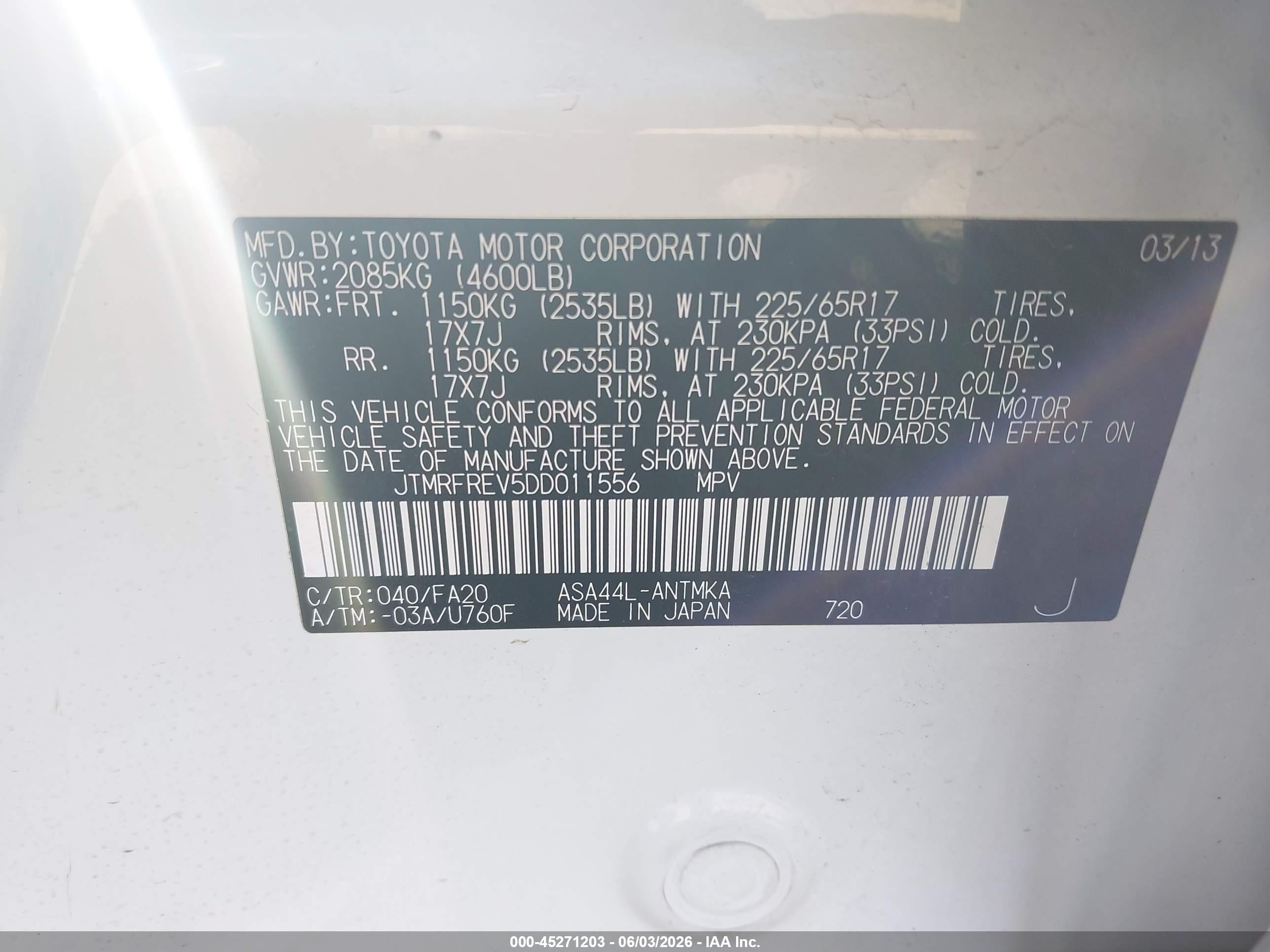 2013 Toyota Rav4 Xle White vin: JTMRFREV5DD011556