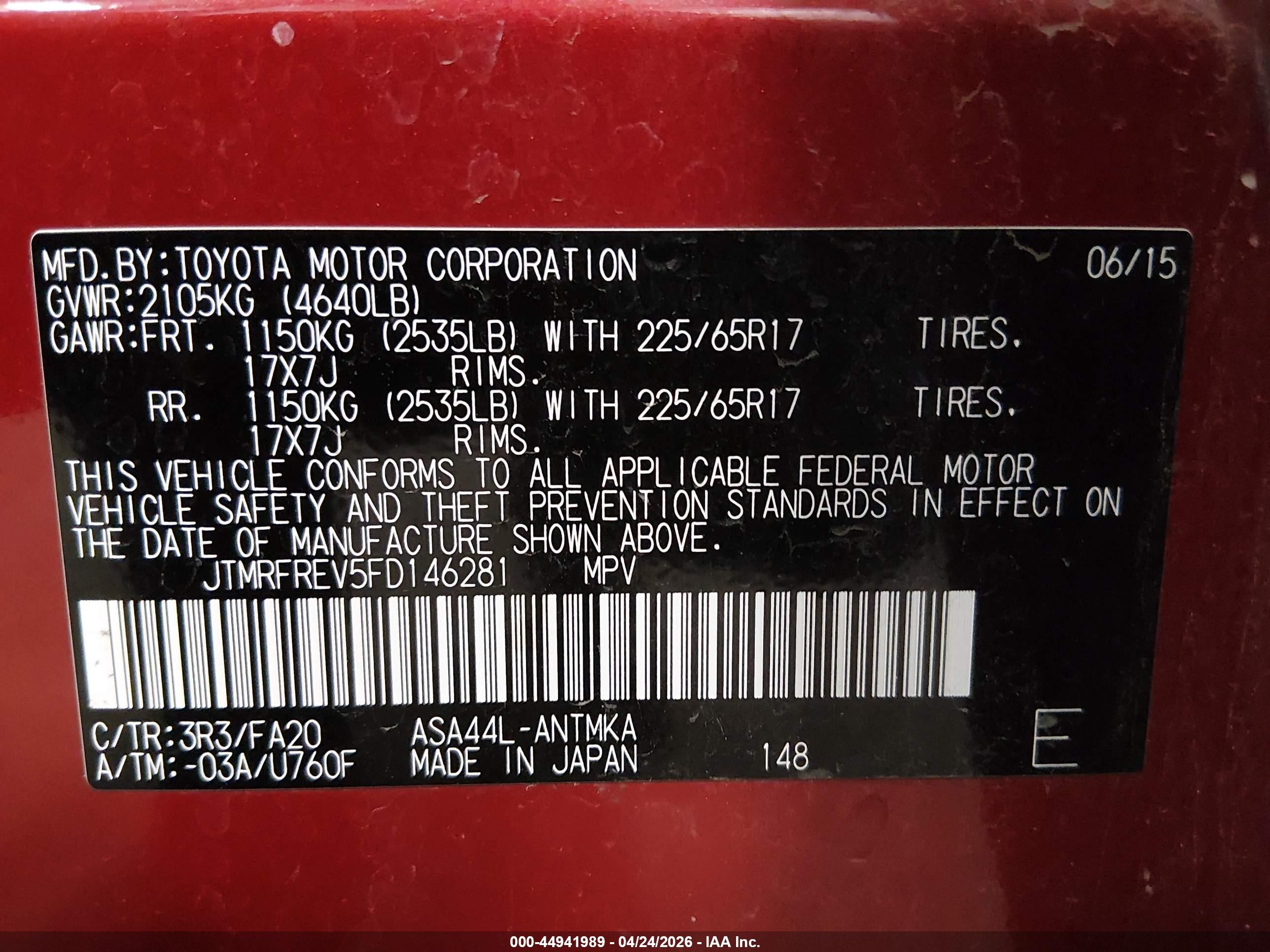 2015 Toyota Rav4 Xle Red vin: JTMRFREV5FD146281