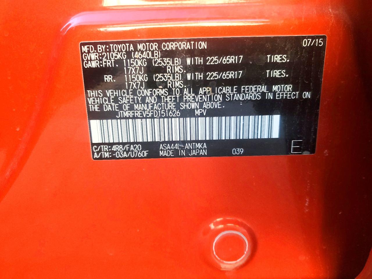 2015 Toyota Rav4 Xle Orange vin: JTMRFREV5FD151626