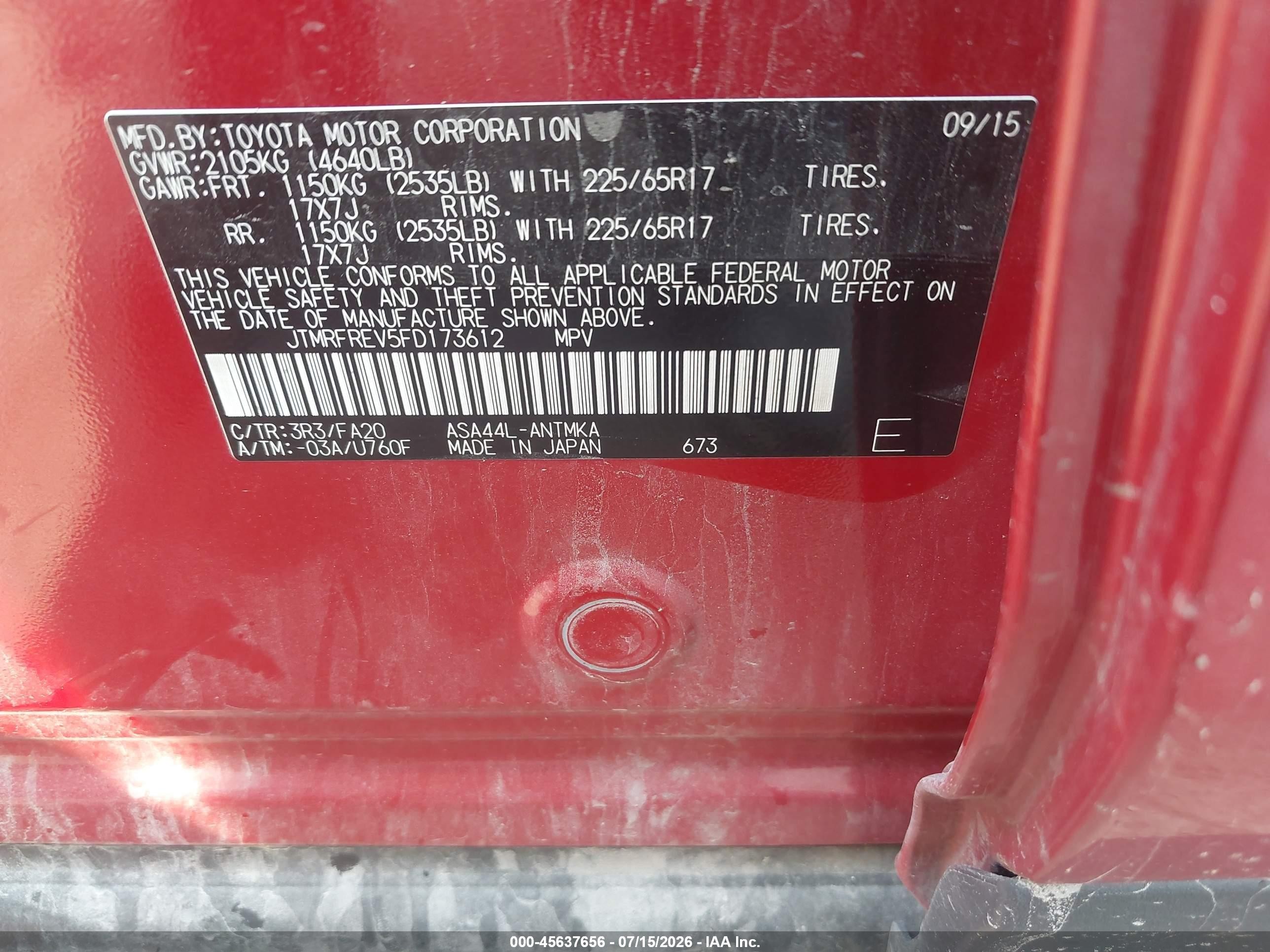 2015 Toyota Rav4 Xle Red vin: JTMRFREV5FD173612