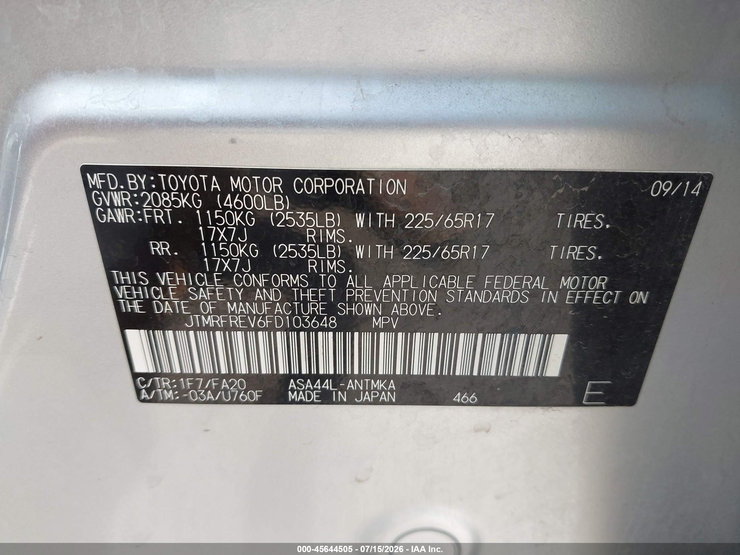 2015 Toyota Rav4 Xle Silver vin: JTMRFREV6FD103648