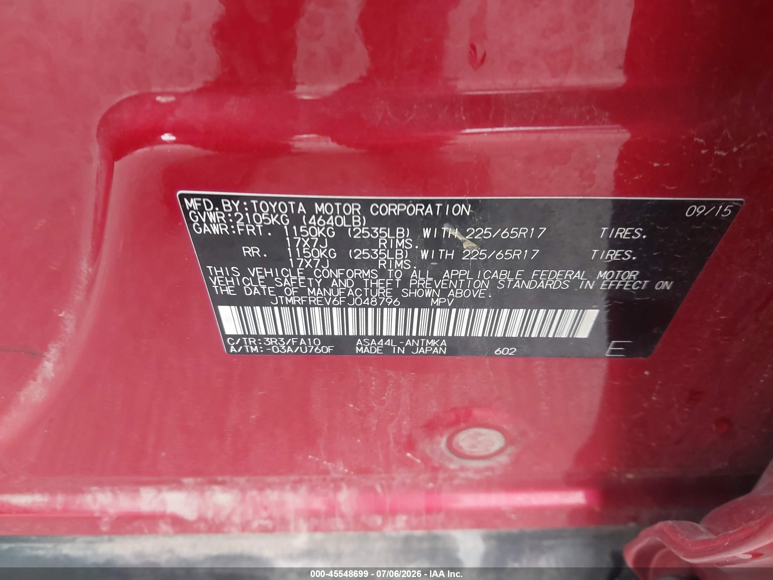 2015 Toyota Rav4 Xle Red vin: JTMRFREV6FJ048796