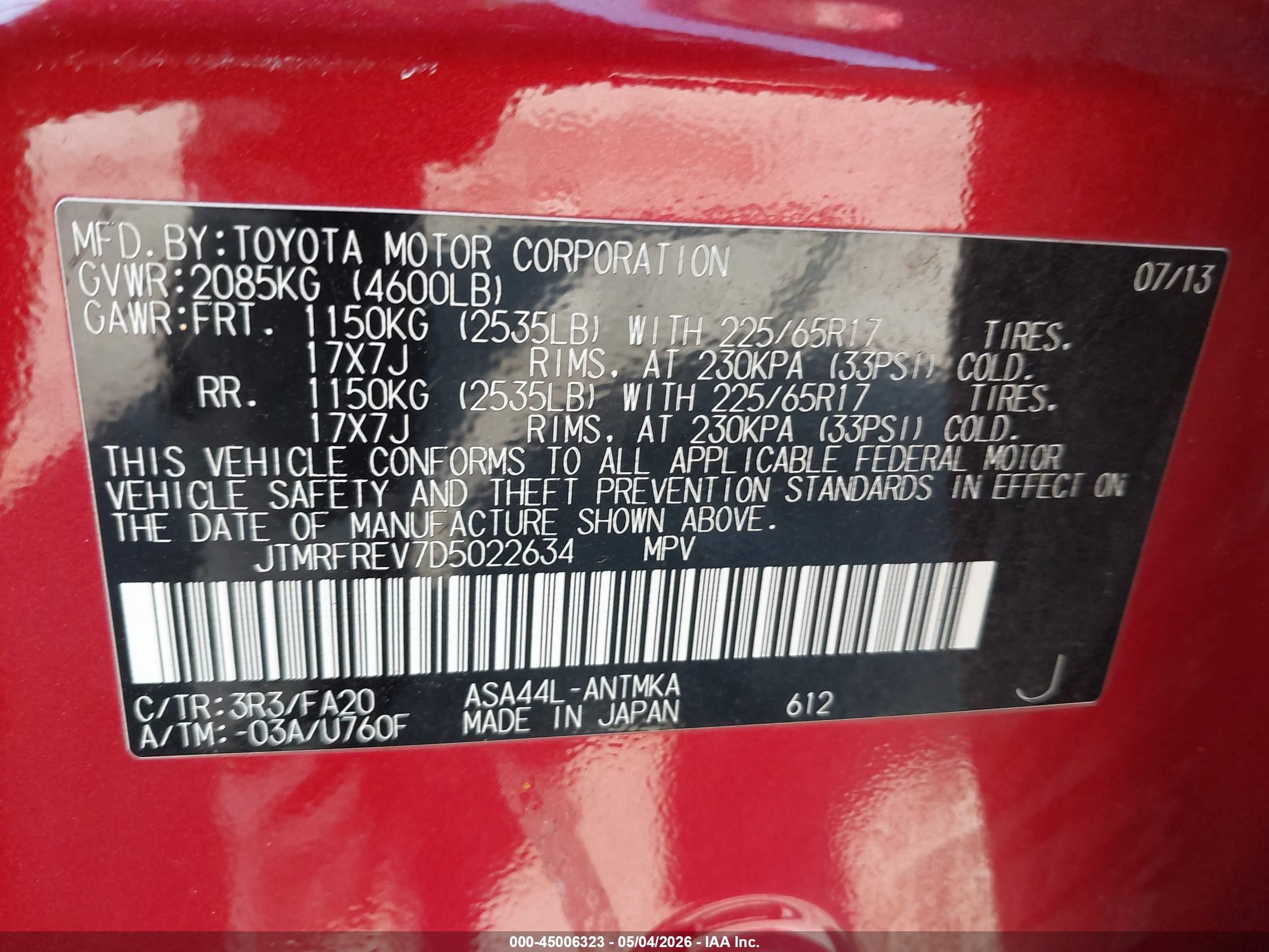 2013 Toyota Rav4 Xle Red vin: JTMRFREV7D5022634