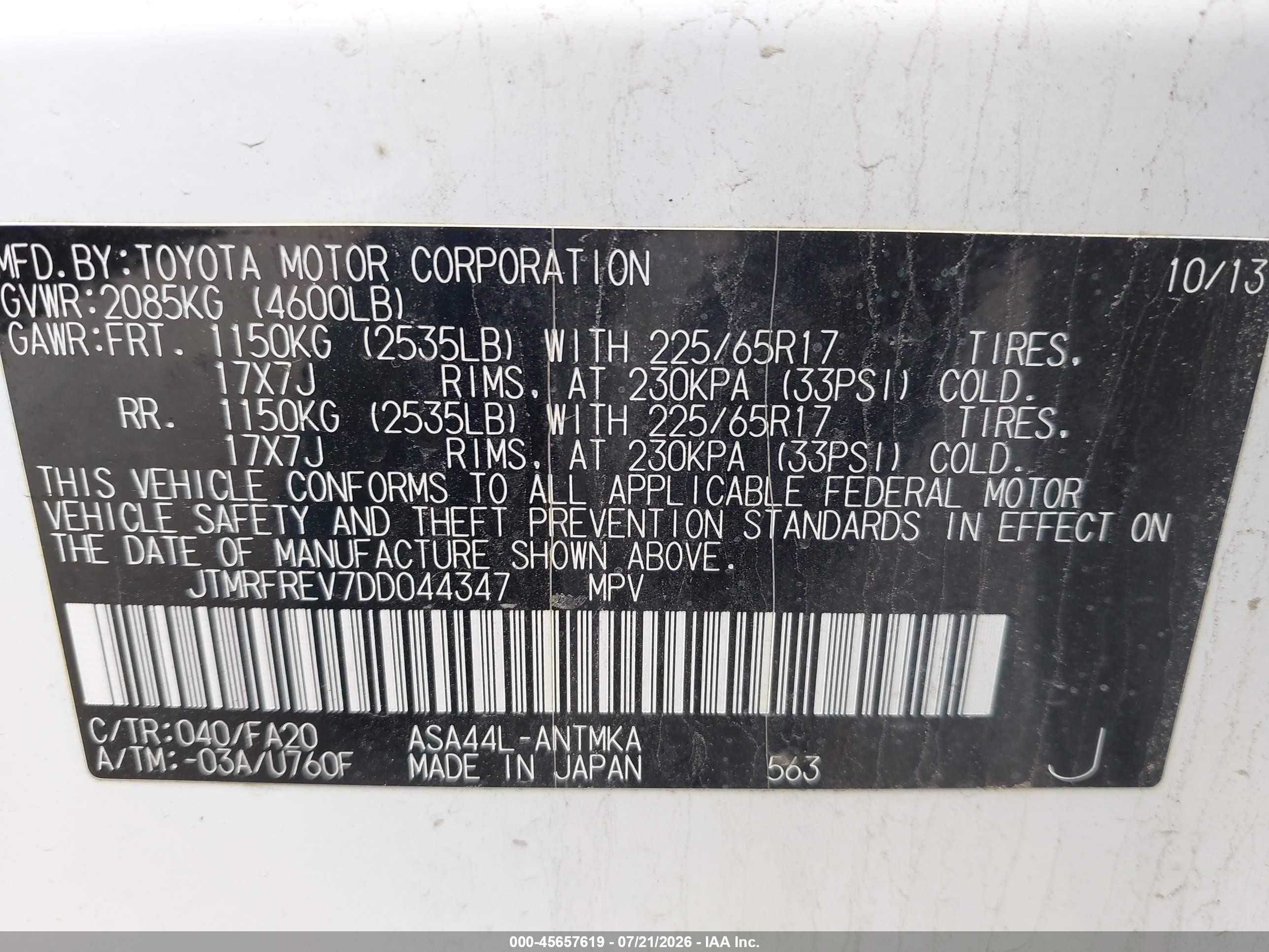 2013 Toyota Rav4 Xle White vin: JTMRFREV7DD044347