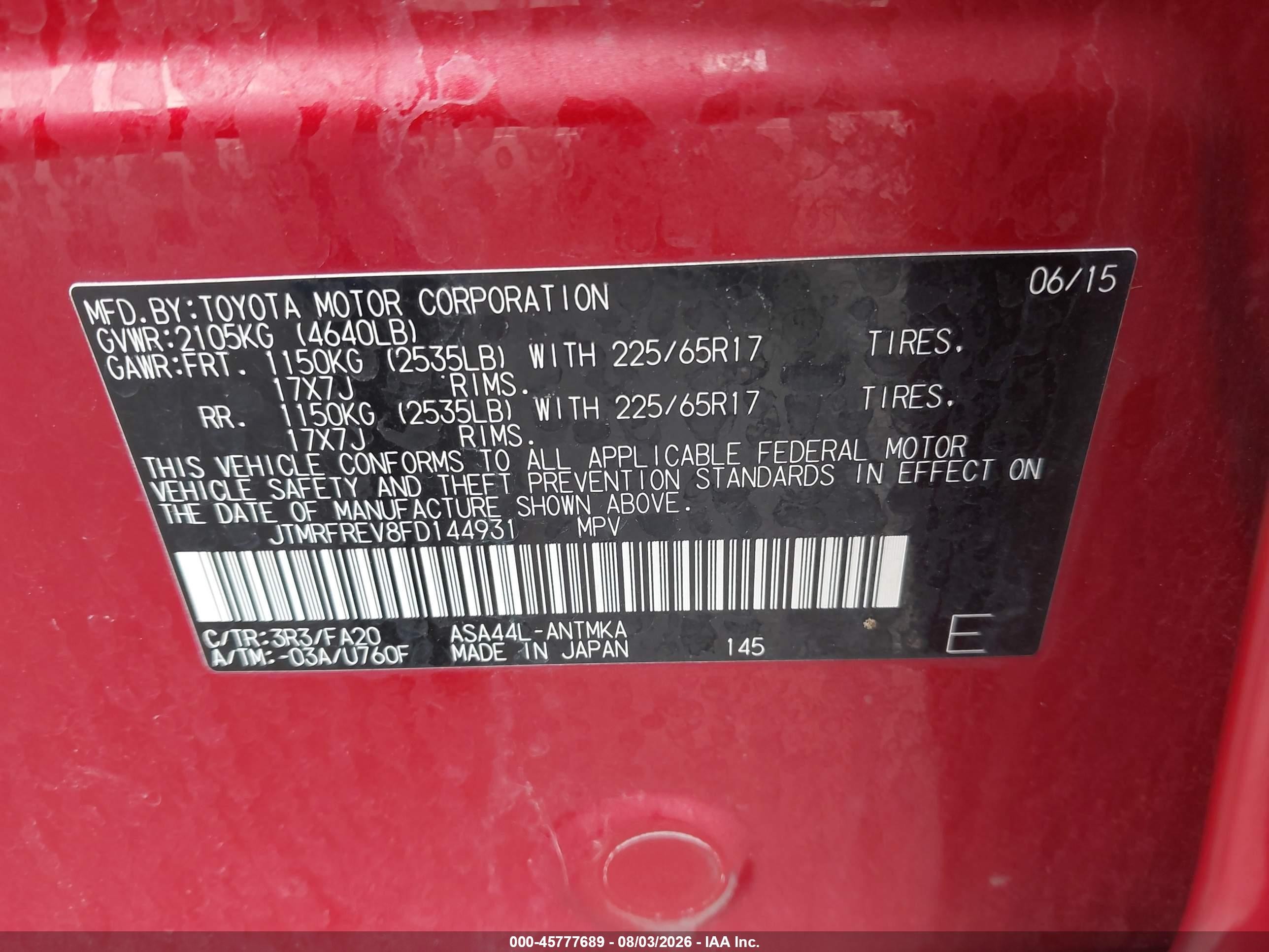 2015 Toyota Rav4 Xle Red vin: JTMRFREV8FD144931
