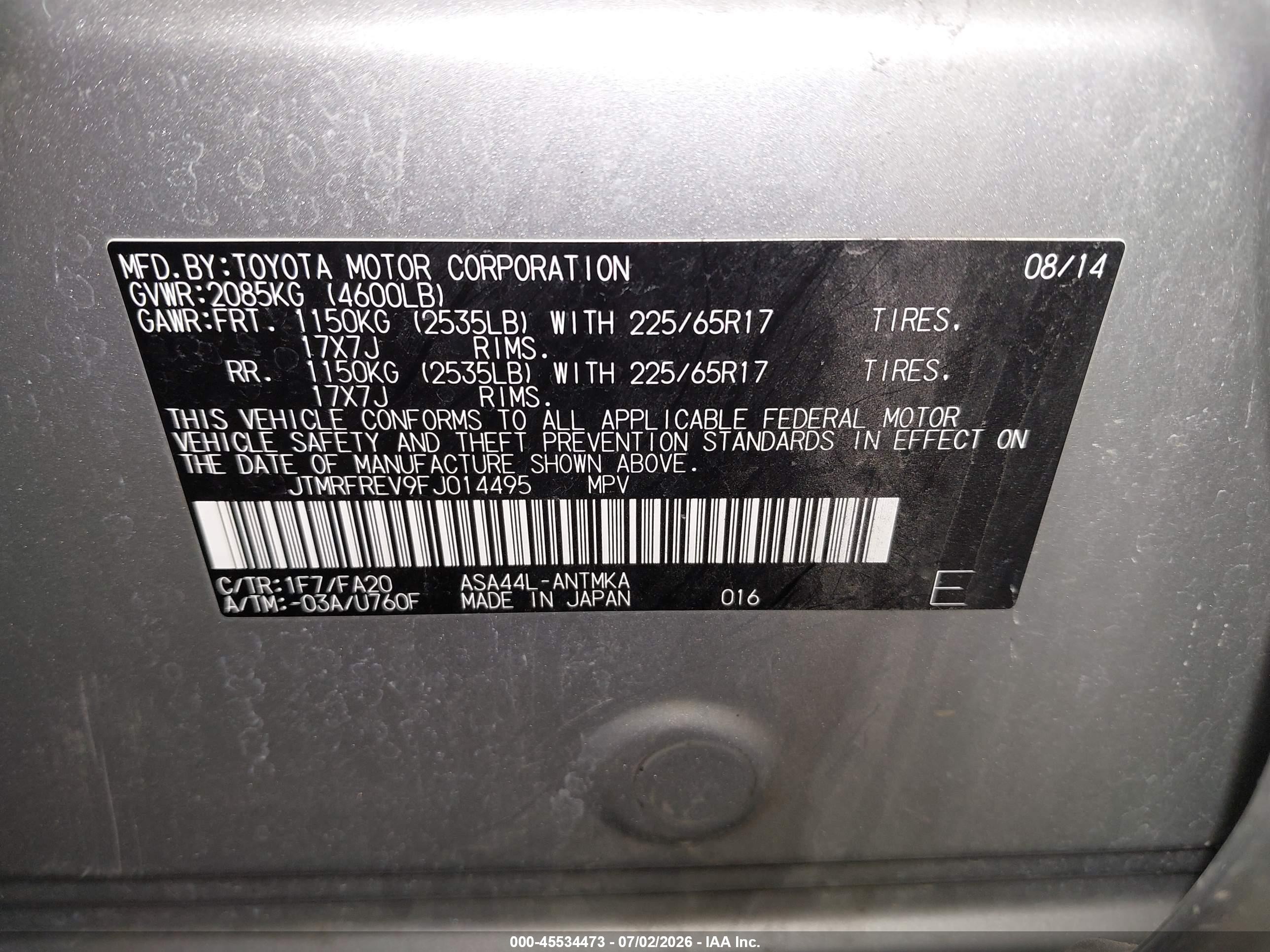 2015 Toyota Rav4 Xle Silver vin: JTMRFREV9FJ014495