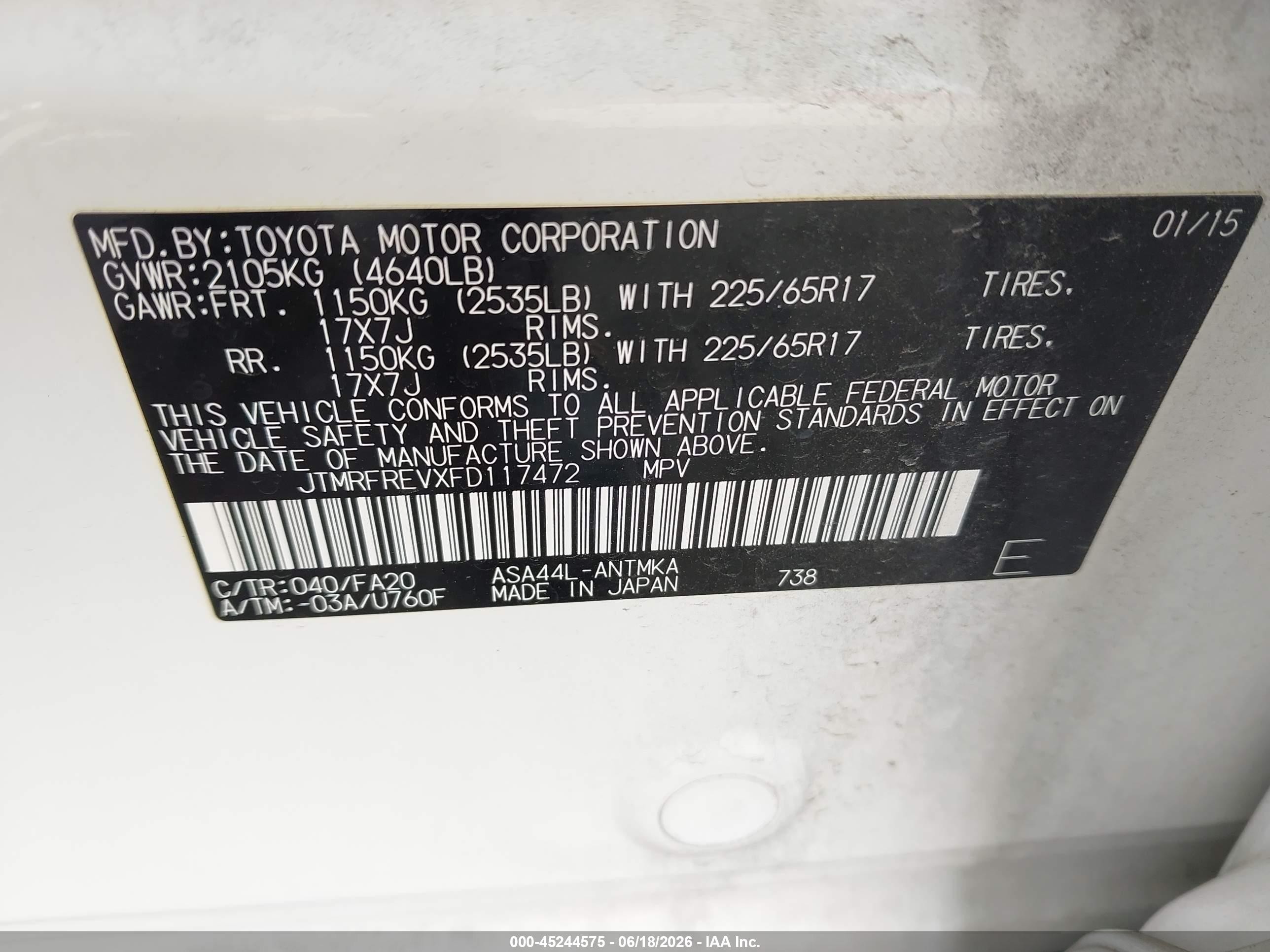 2015 Toyota Rav4 Xle White vin: JTMRFREVXFD117472