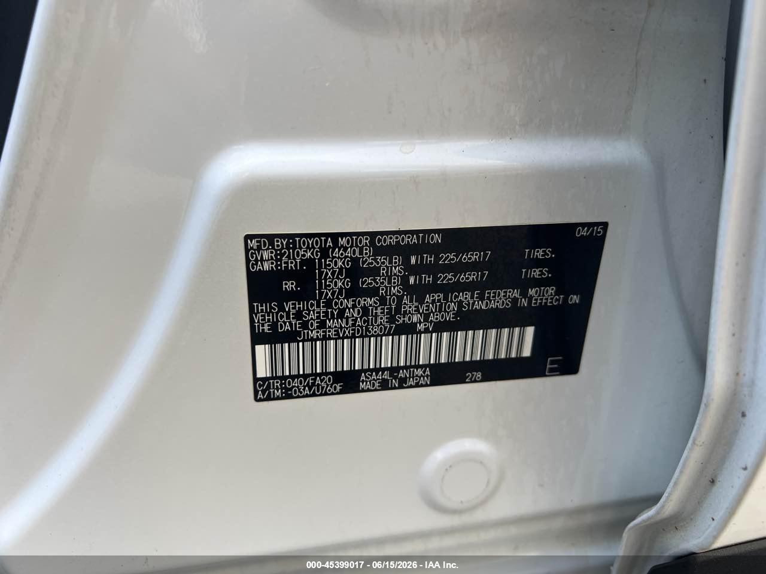 2015 Toyota Rav4 Xle White vin: JTMRFREVXFD138077