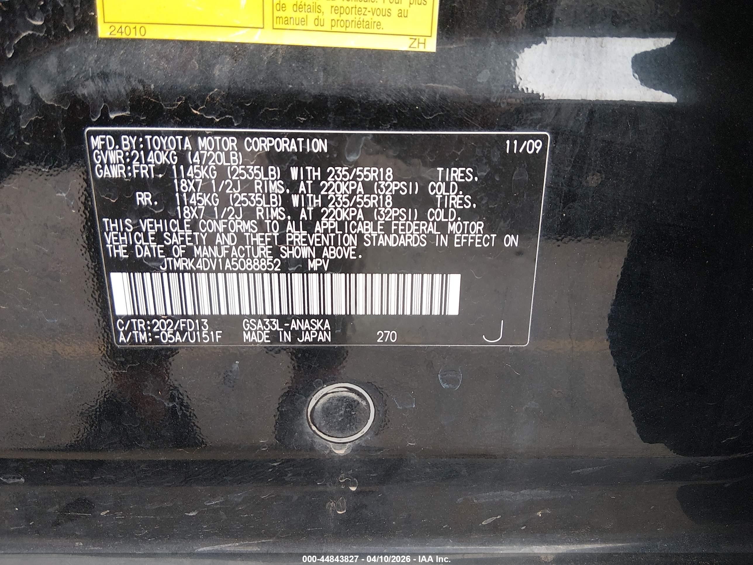 2010 Toyota Rav4 Sport V6 Black vin: JTMRK4DV1A5088852