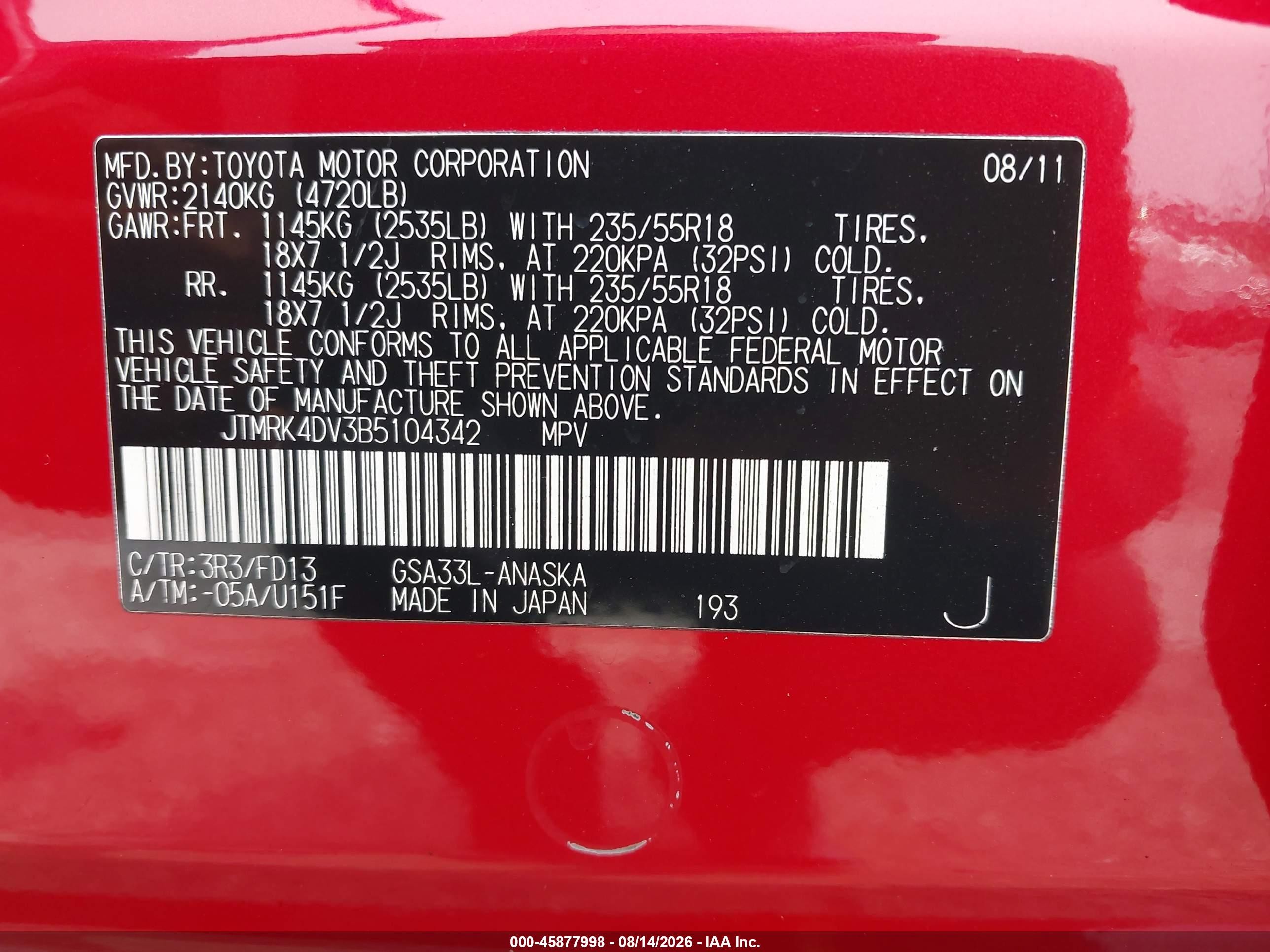 2011 Toyota Rav4 Sport V6 Red vin: JTMRK4DV3B5104342