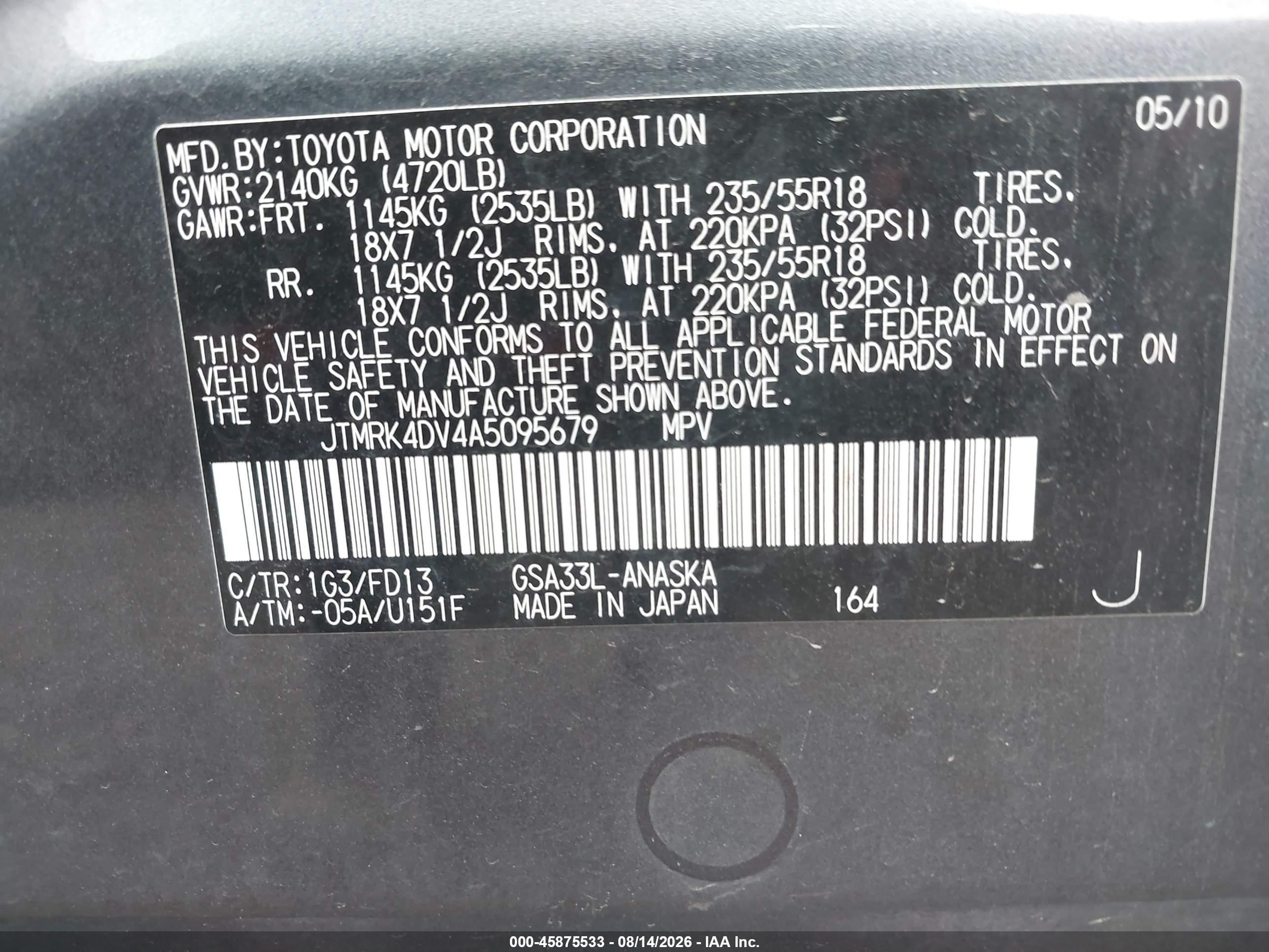 2010 Toyota Rav4 Sport V6 Gray vin: JTMRK4DV4A5095679