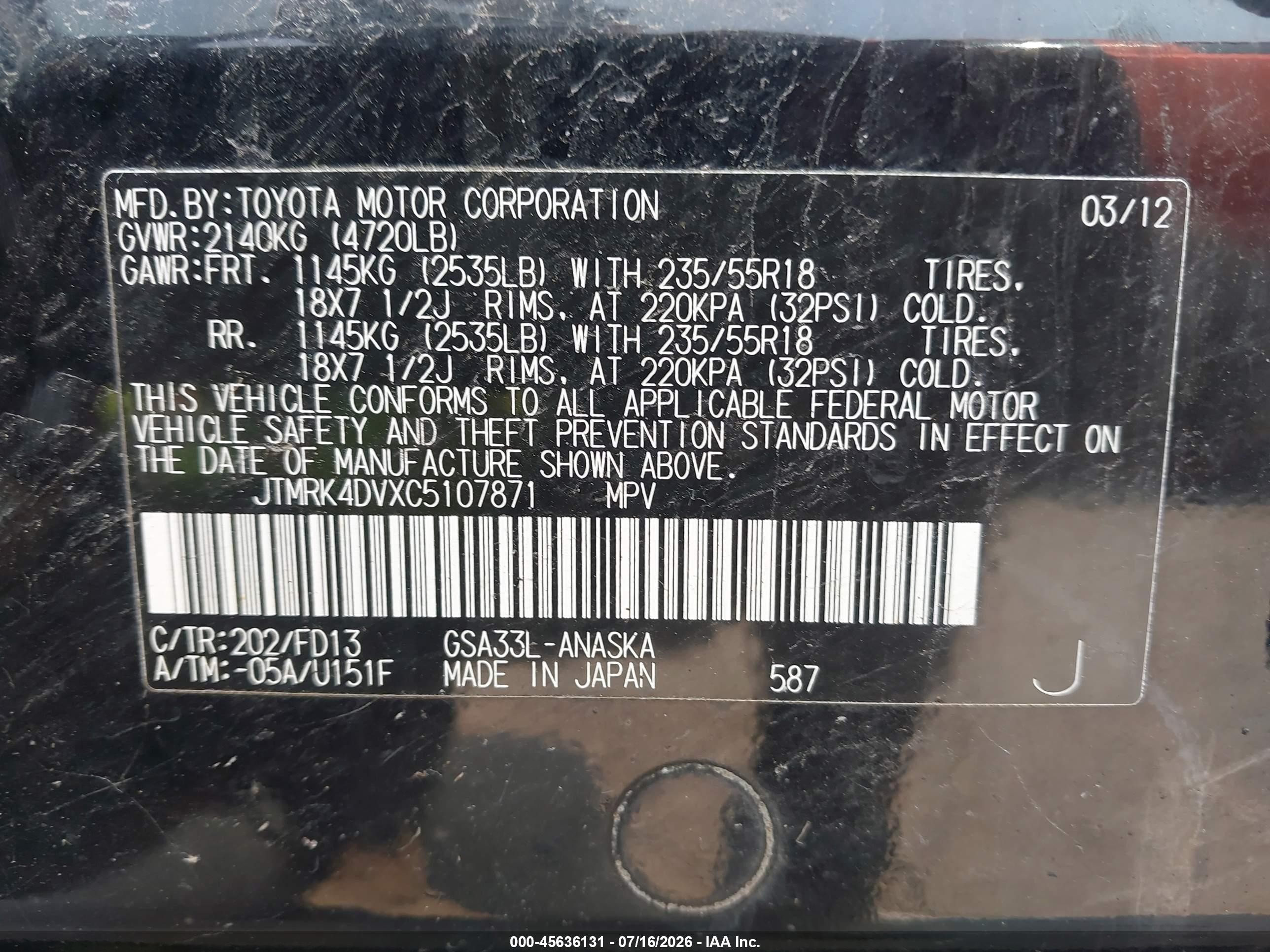 2012 Toyota Rav4 Sport V6 Black vin: JTMRK4DVXC5107871
