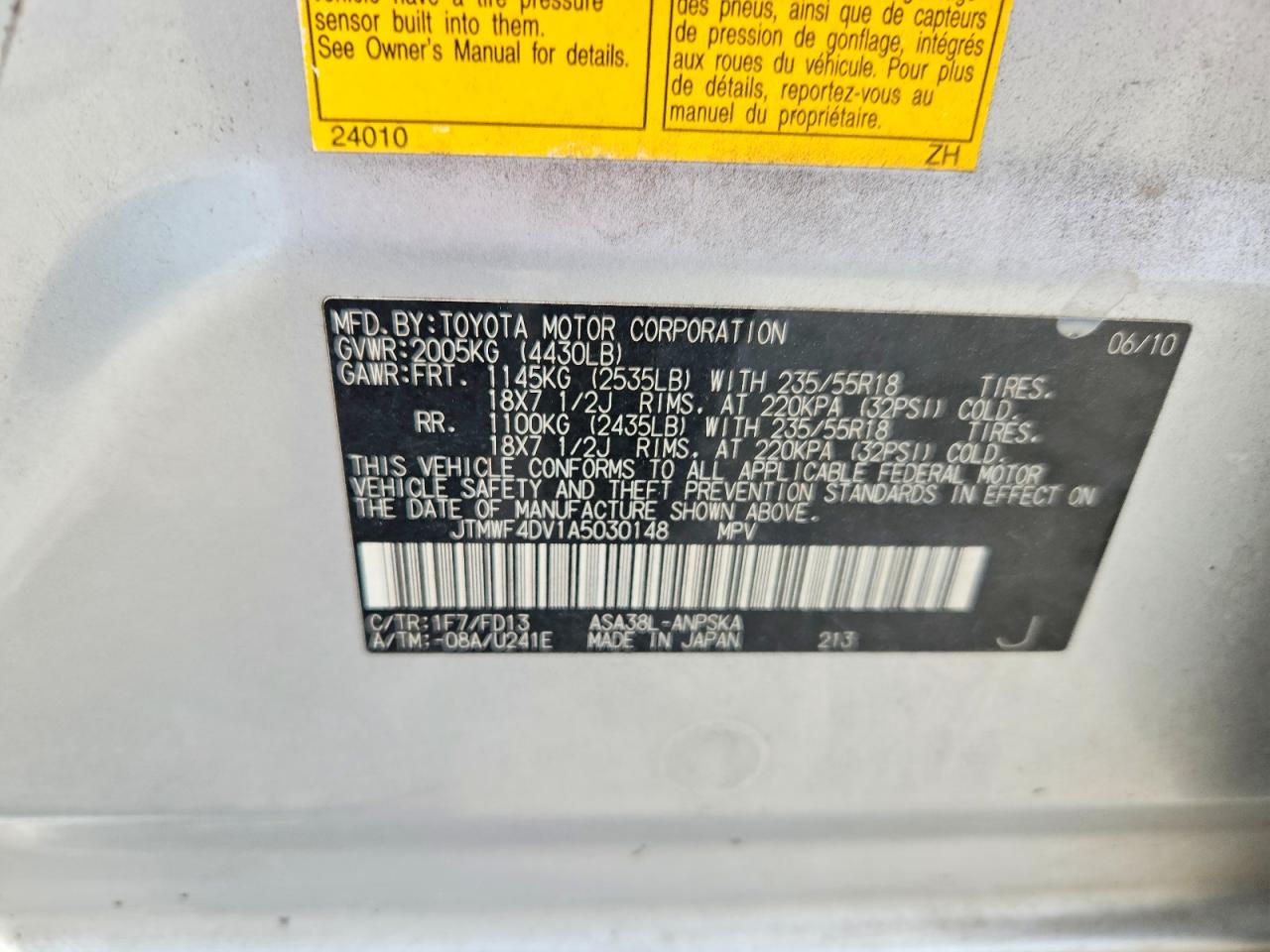 2010 Toyota Rav4 Sport Silver vin: JTMWF4DV1A5030148