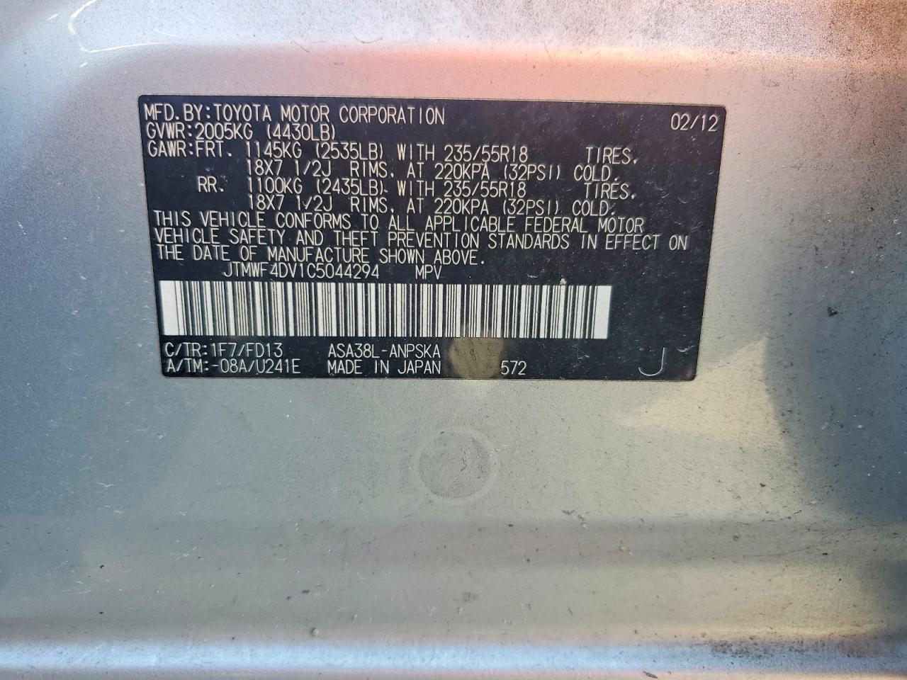 2012 Toyota Rav4 Sport Silver vin: JTMWF4DV1C5044294