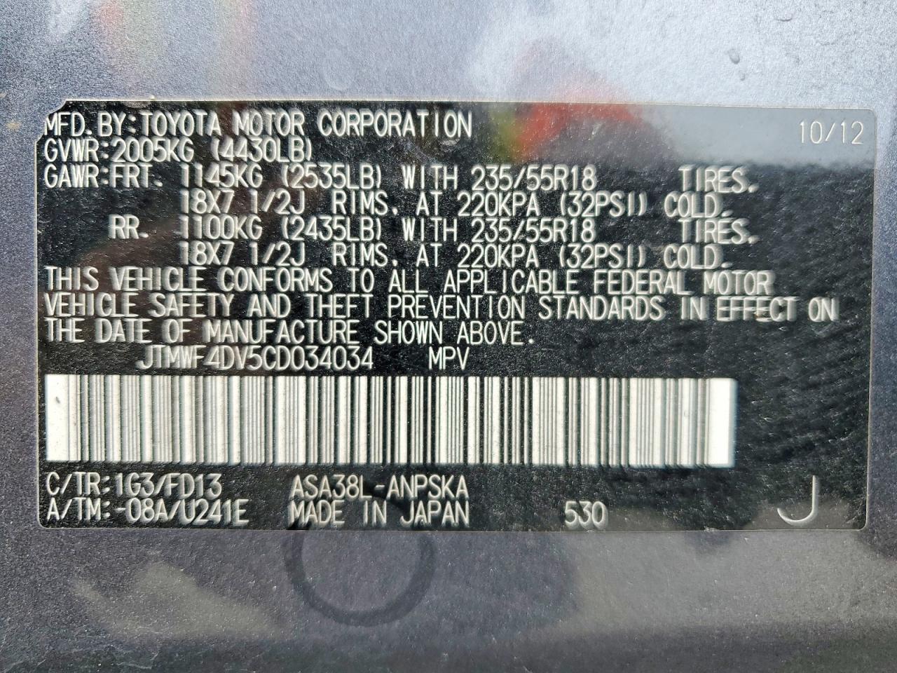 2012 Toyota Rav4 Sport Gray vin: JTMWF4DV5CD034034