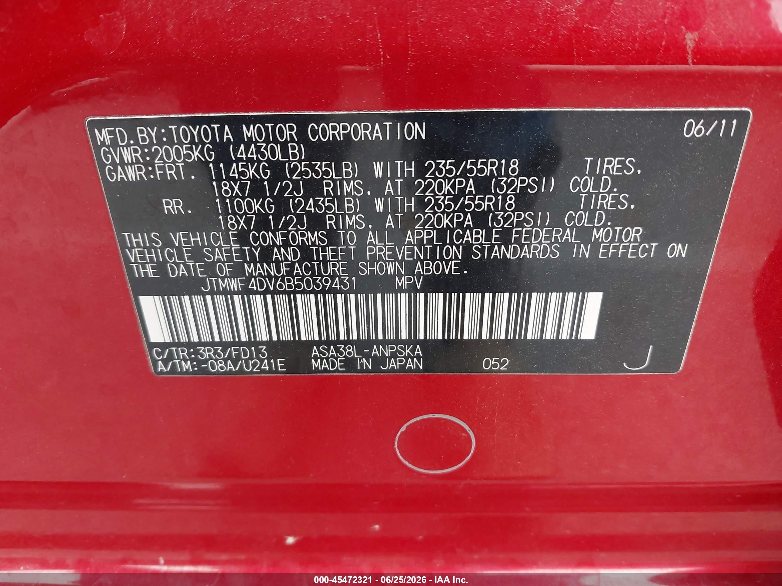 2011 Toyota Rav4 Sport Red vin: JTMWF4DV6B5039431