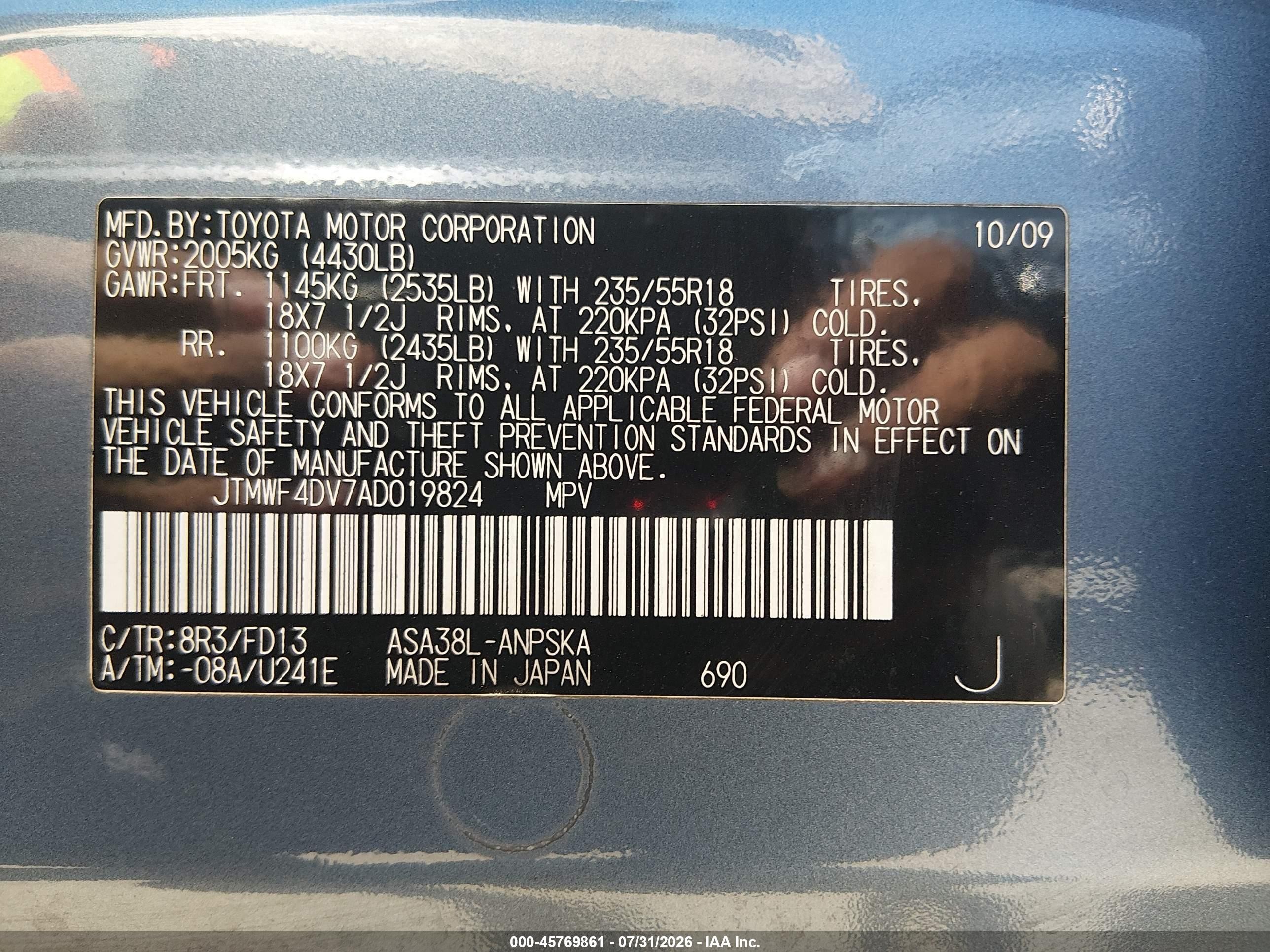 2010 Toyota Rav4 Sport Blue vin: JTMWF4DV7AD019824
