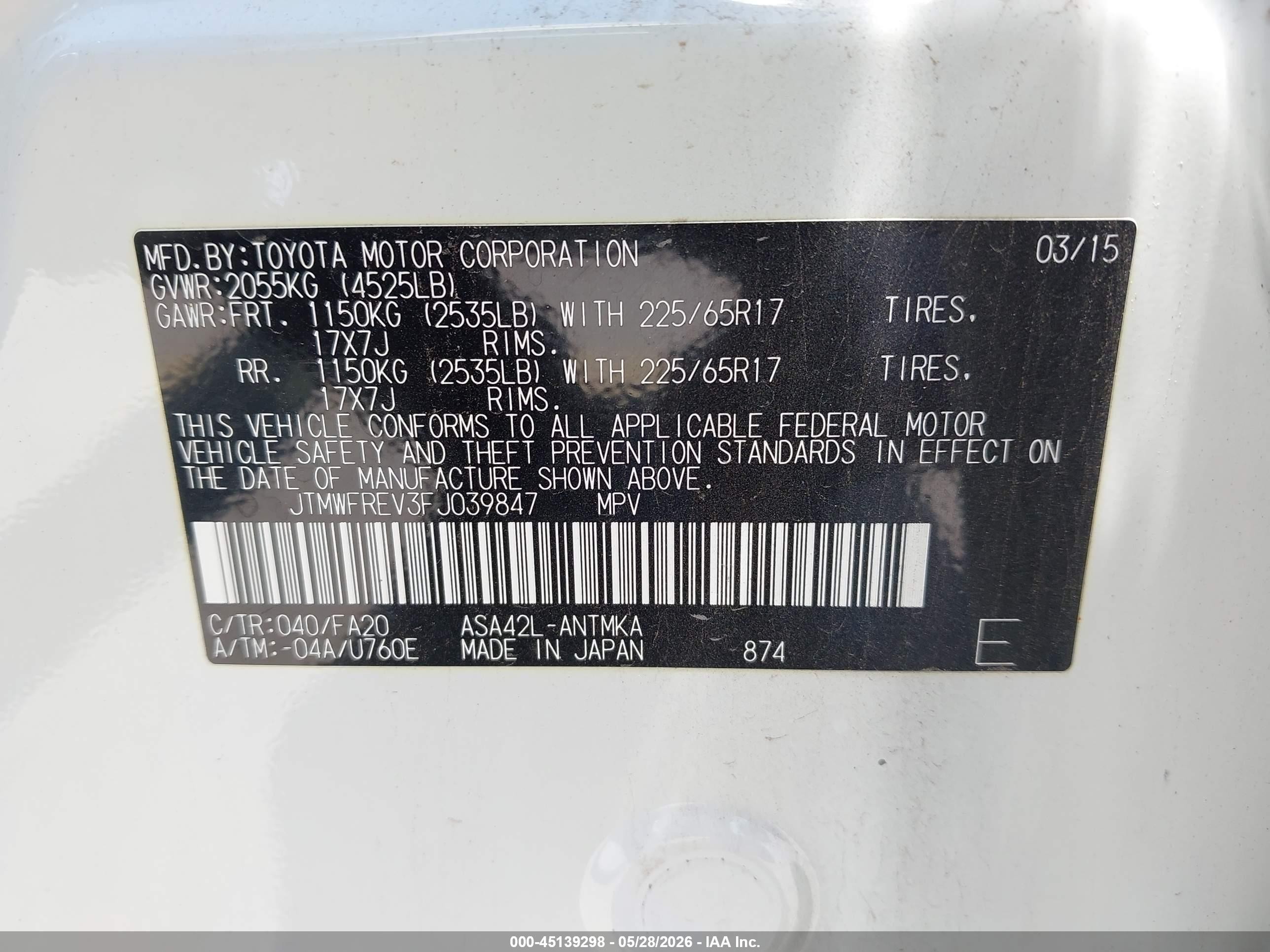 2015 Toyota Rav4 Xle White vin: JTMWFREV3FJ039847