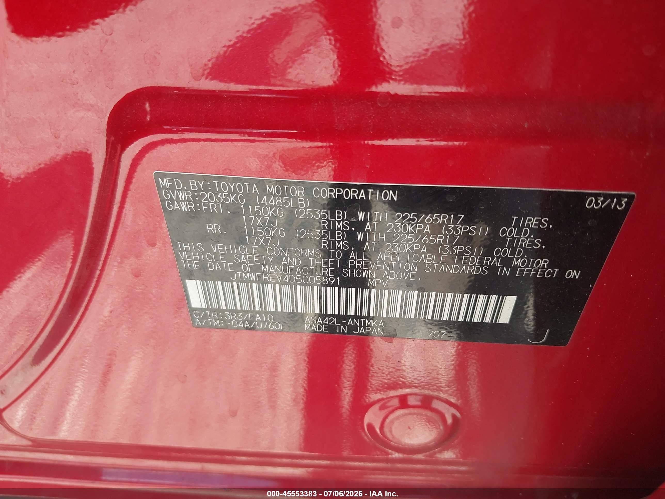 2013 Toyota Rav4 Xle Red vin: JTMWFREV4D5005891