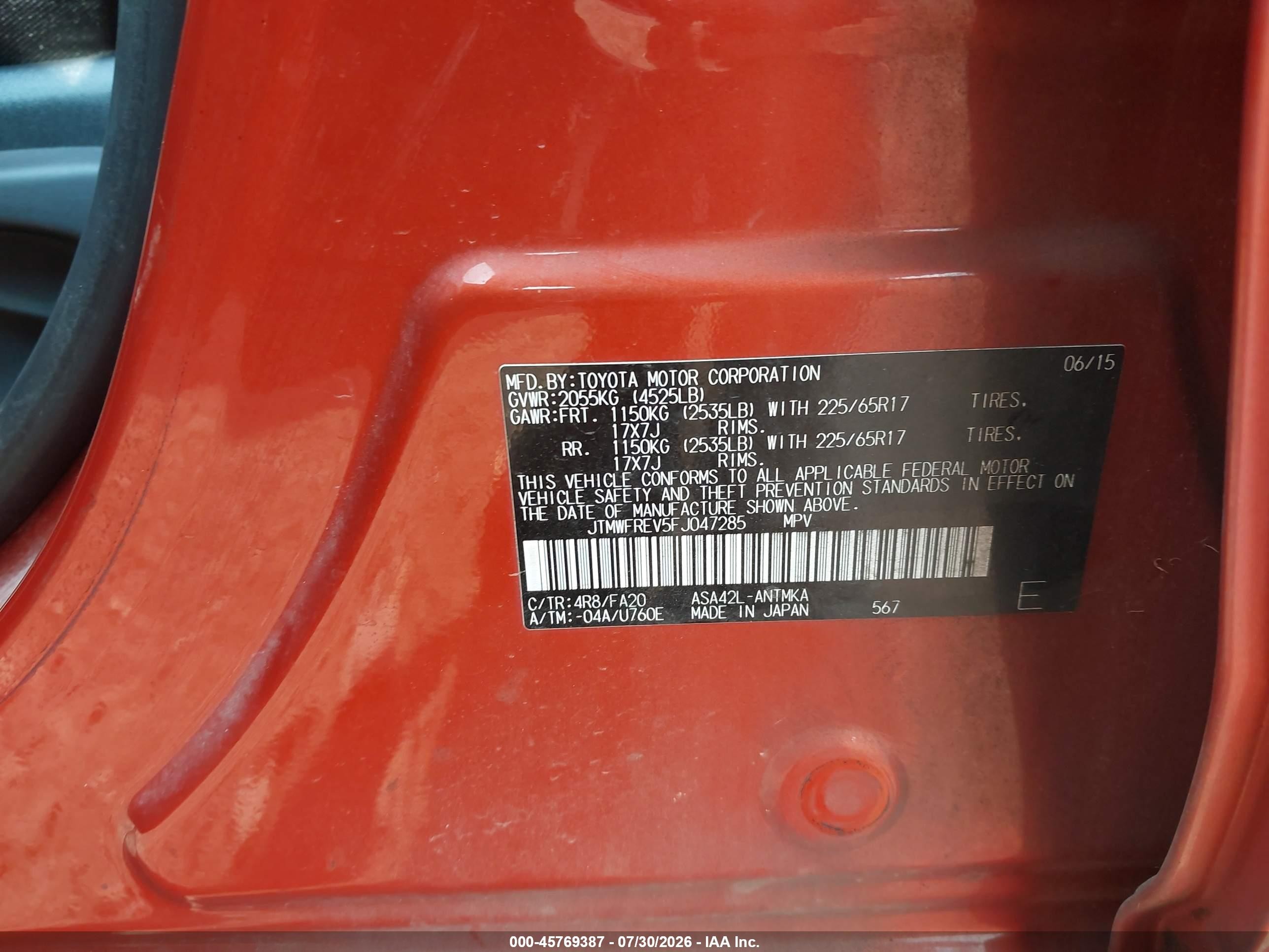 2015 Toyota Rav4 Xle Orange vin: JTMWFREV5FJ047285