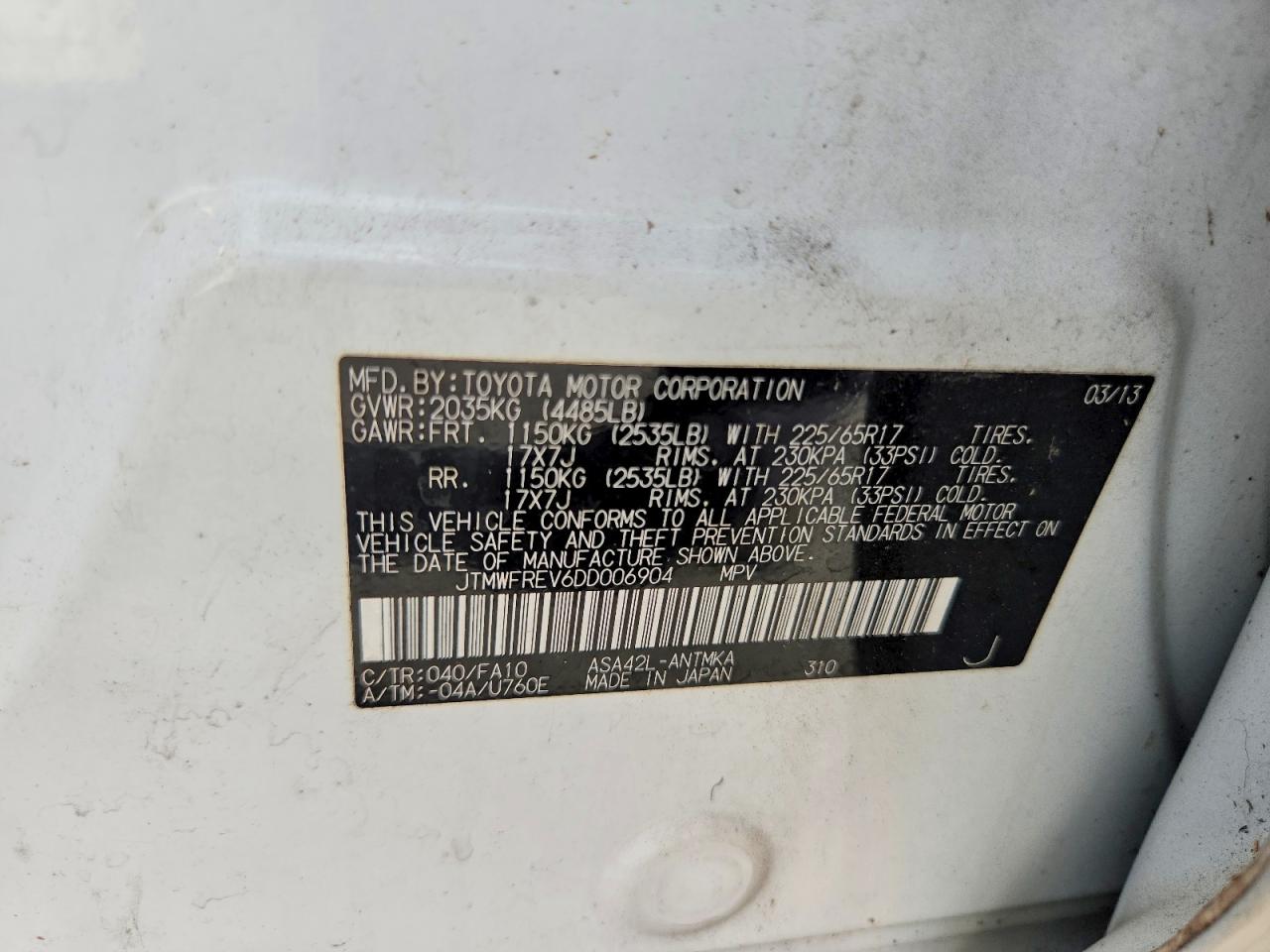 2013 Toyota Rav4 Xle White vin: JTMWFREV6DD006904