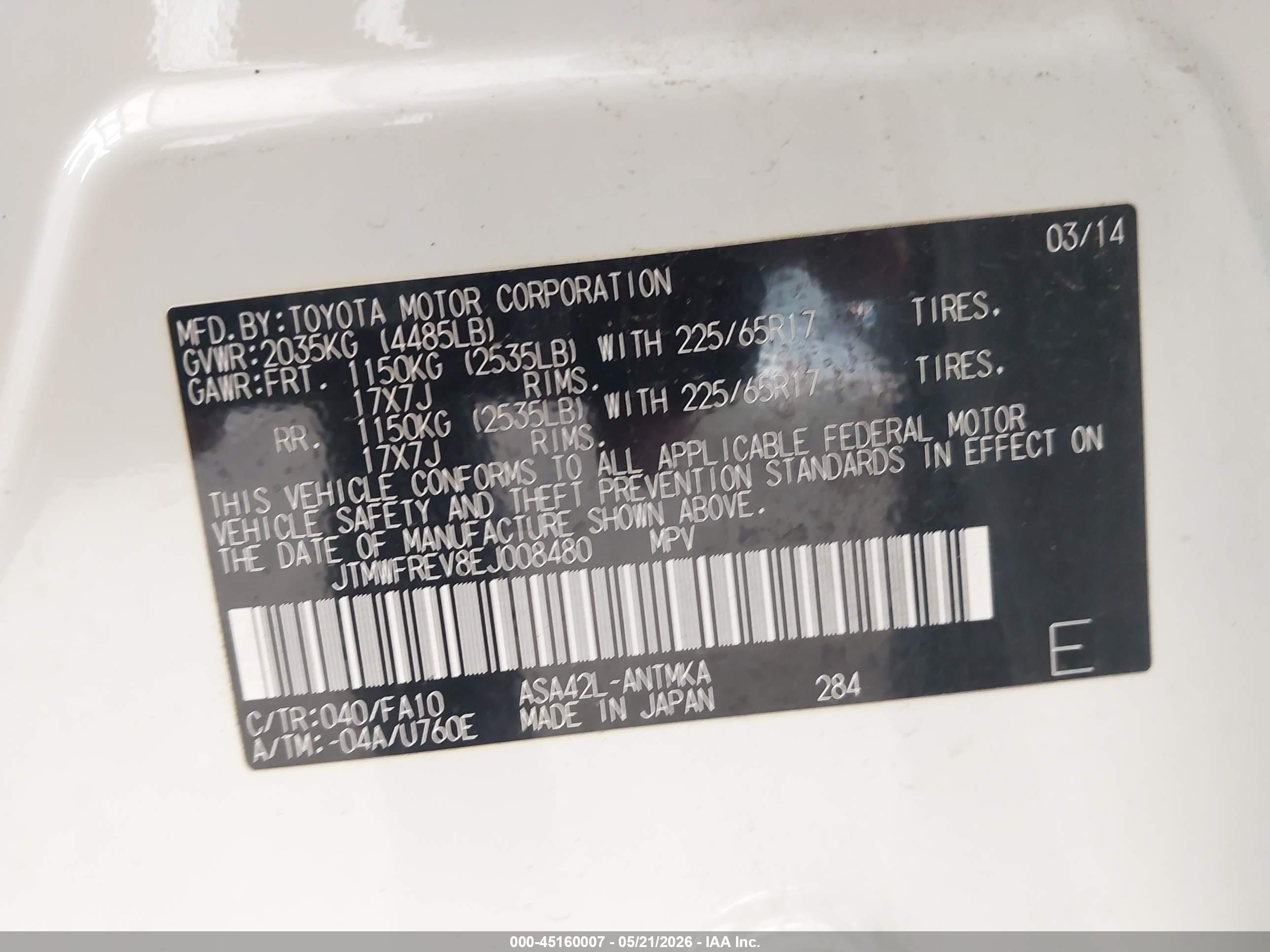 2014 Toyota Rav4 Xle White vin: JTMWFREV8EJ008480