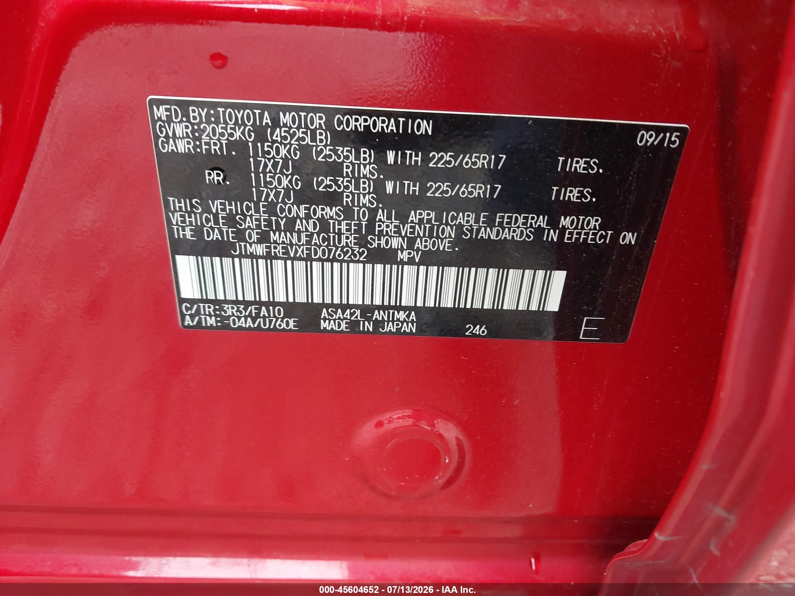 2015 Toyota Rav4 Xle Red vin: JTMWFREVXFD076232
