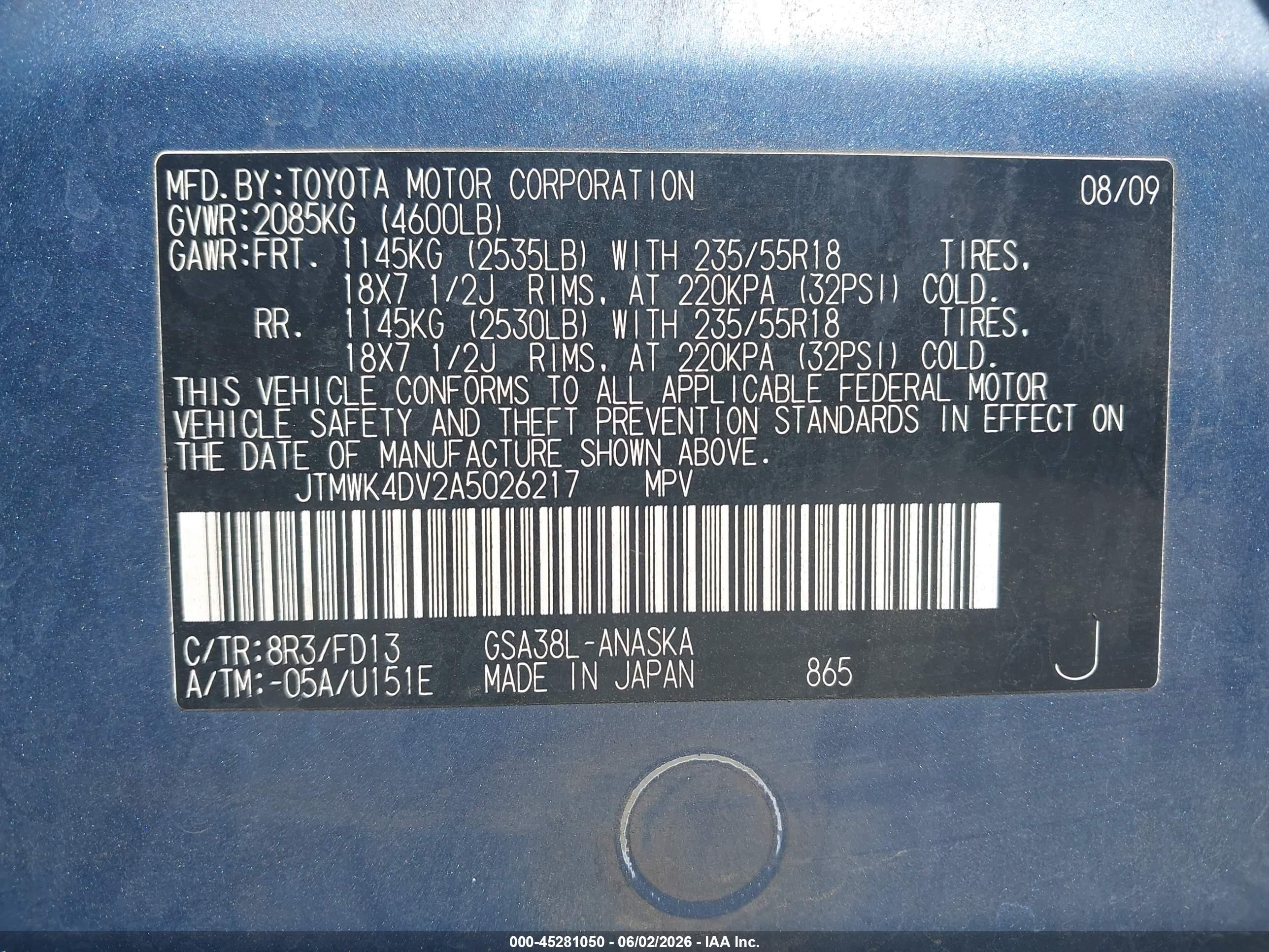 2010 Toyota Rav4 Sport V6 Light Blue vin: JTMWK4DV2A5026217