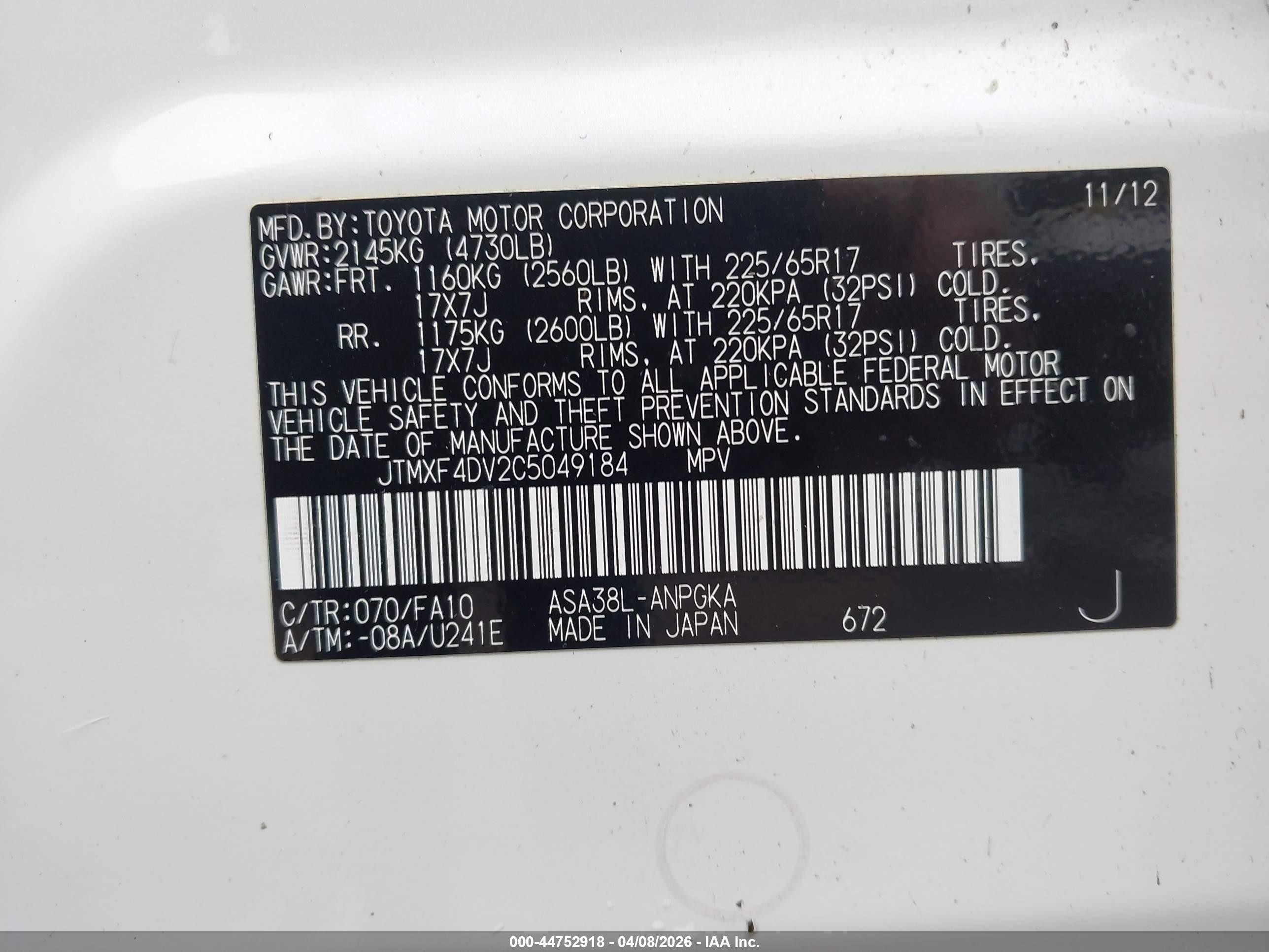 2012 Toyota Rav4 Limited White vin: JTMXF4DV2C5049184