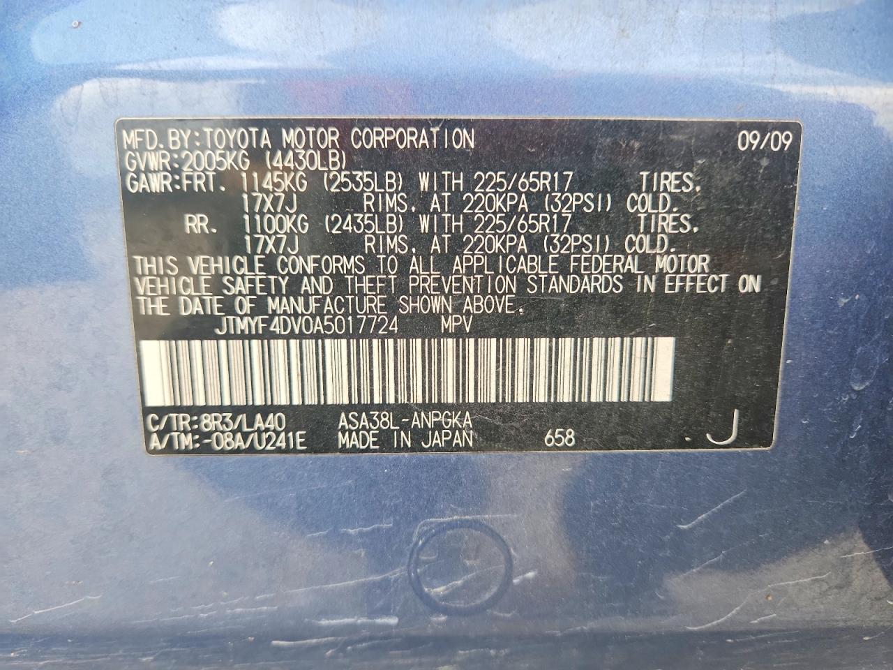 2010 Toyota Rav4 Limited Blue vin: JTMYF4DV0A5017724