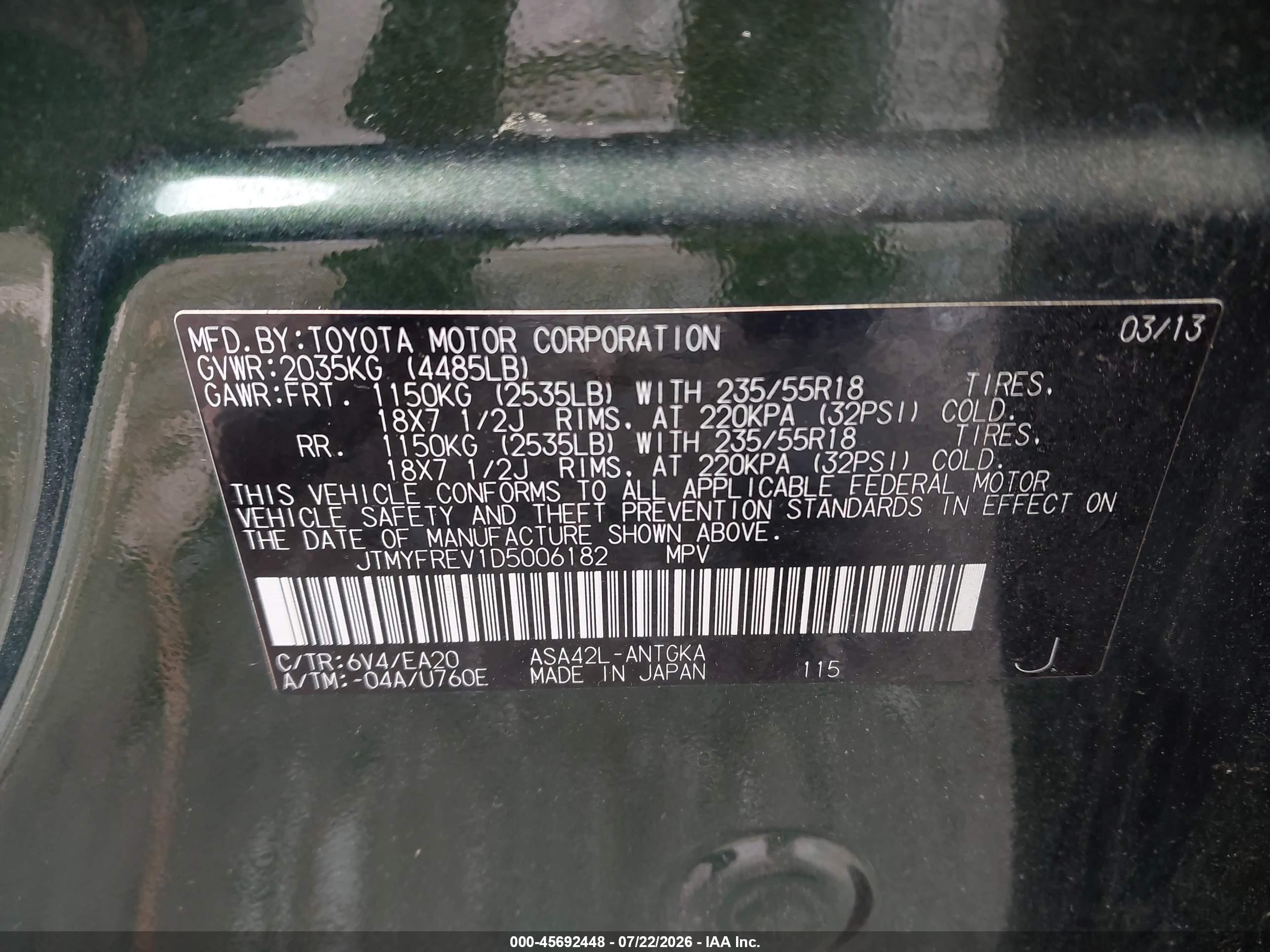 2013 Toyota Rav4 Limited Green vin: JTMYFREV1D5006182