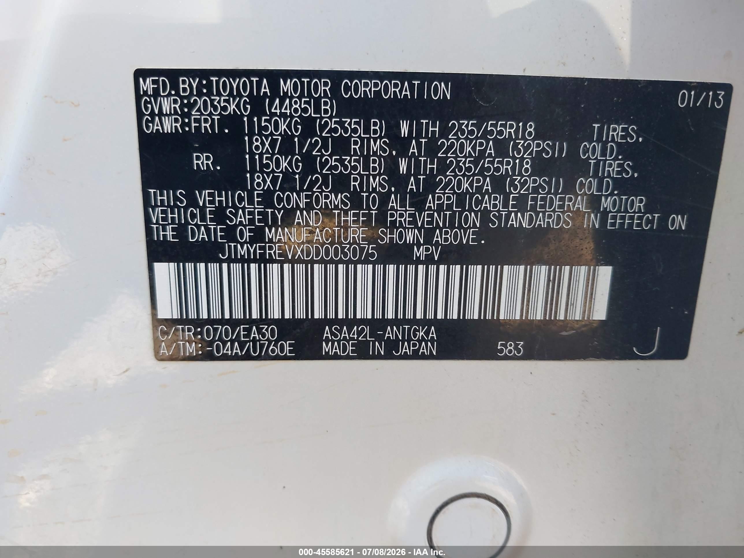 2013 Toyota Rav4 Limited White vin: JTMYFREVXDD003075