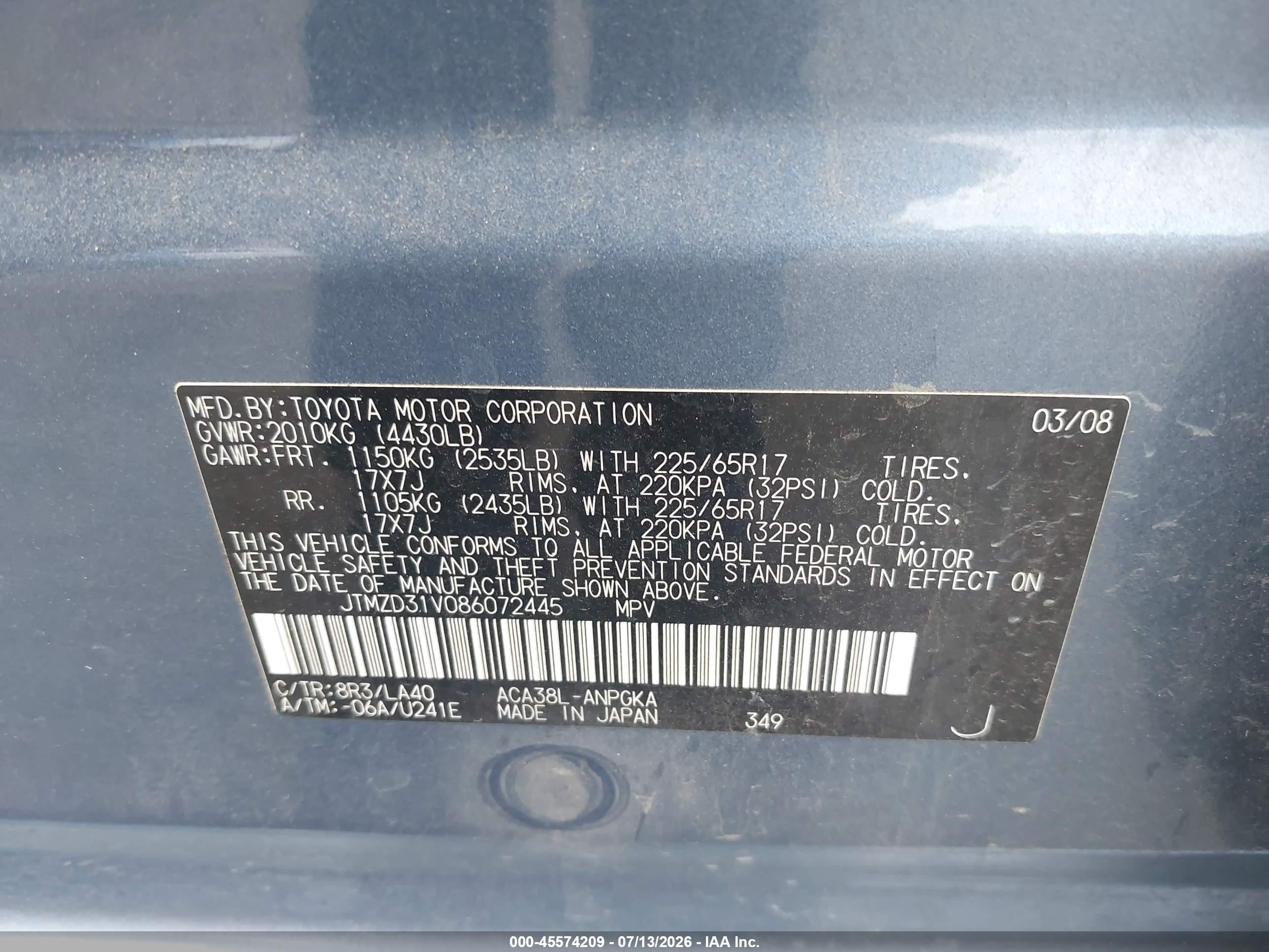 2008 Toyota Rav4 Limited Blue vin: JTMZD31V086072445