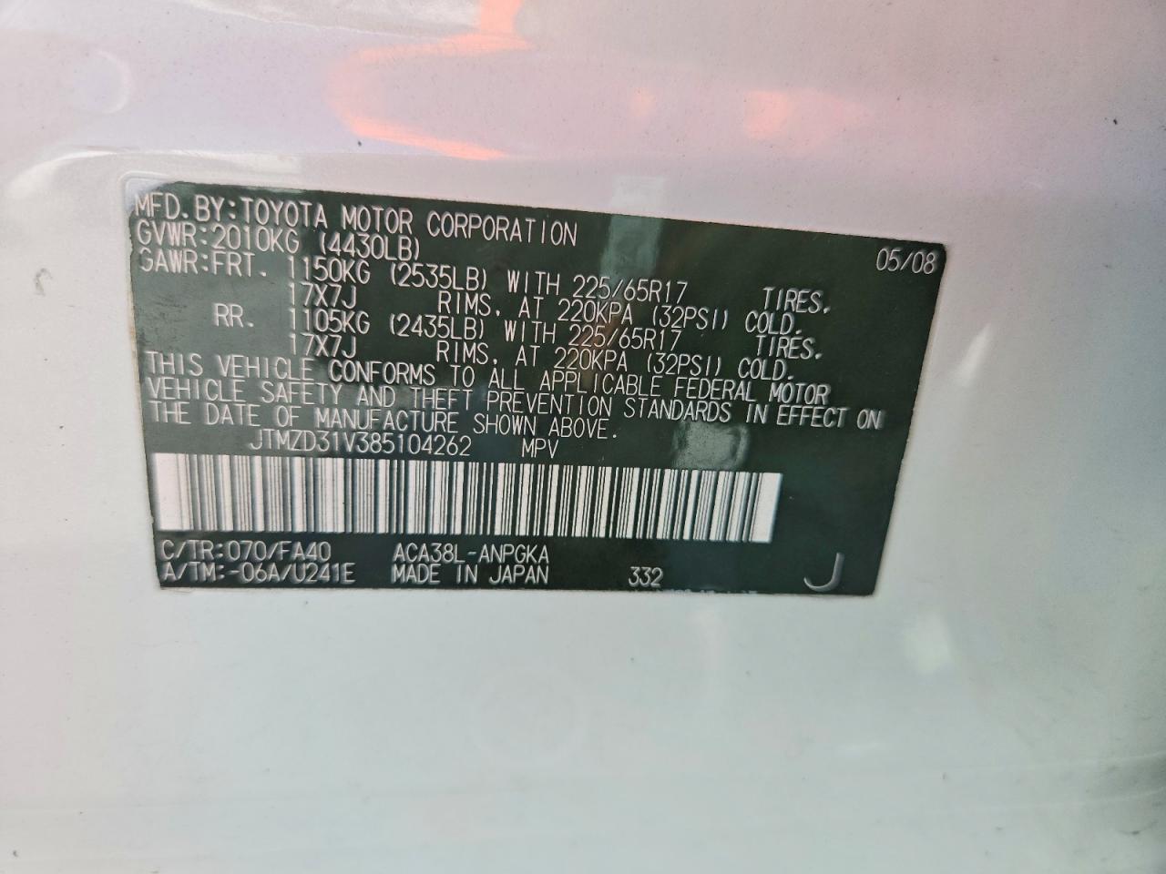 2008 Toyota Rav4 Limited White vin: JTMZD31V385104262