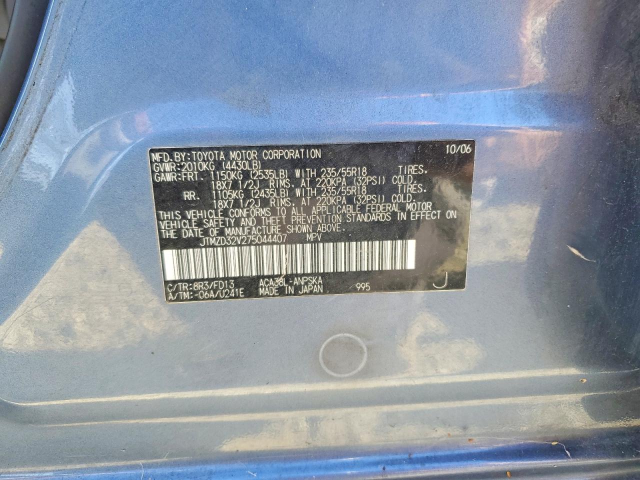 2007 Toyota Rav4 Sport Blue vin: JTMZD32V275044407