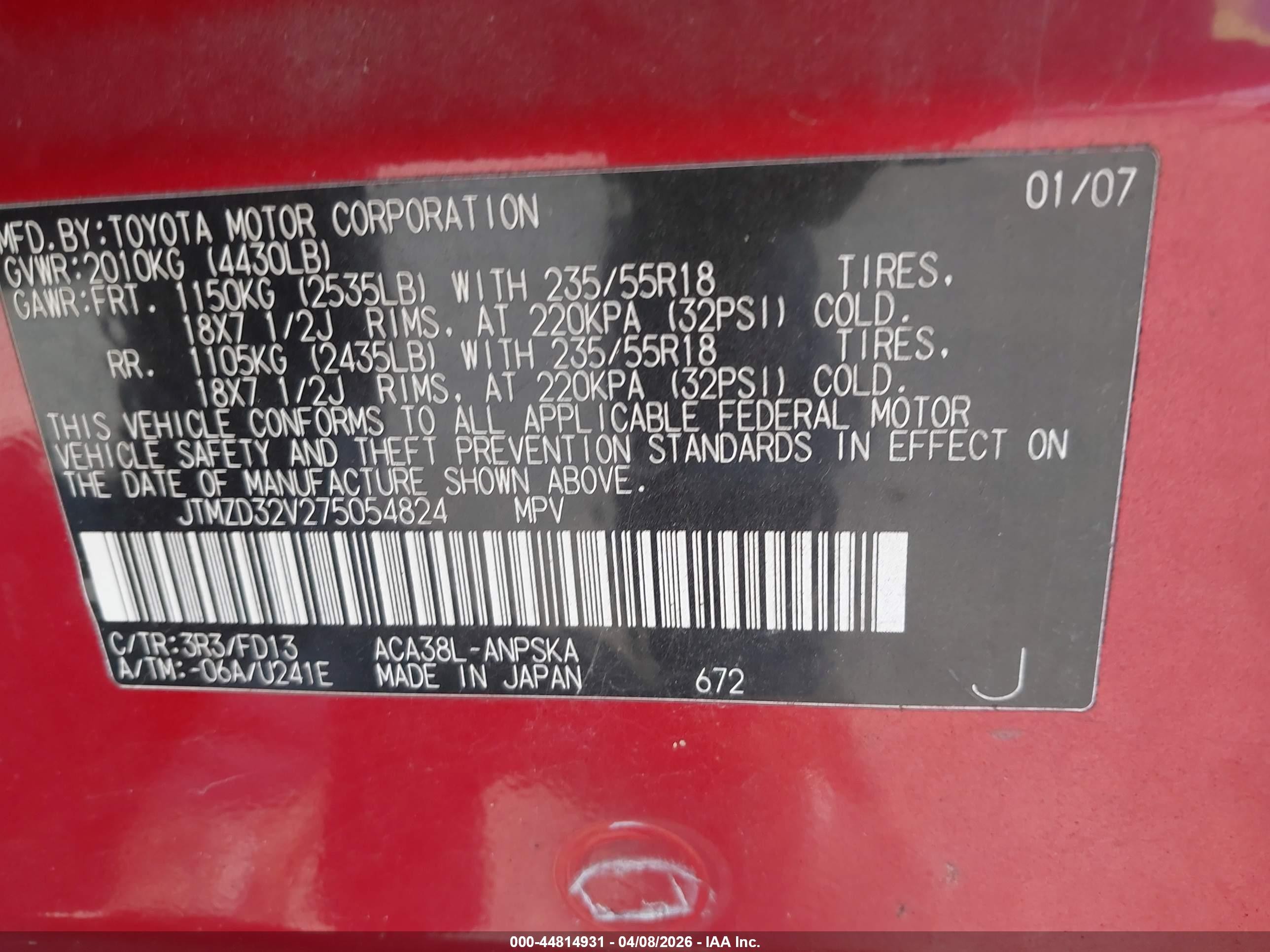 2007 Toyota Rav4 Sport Red vin: JTMZD32V275054824