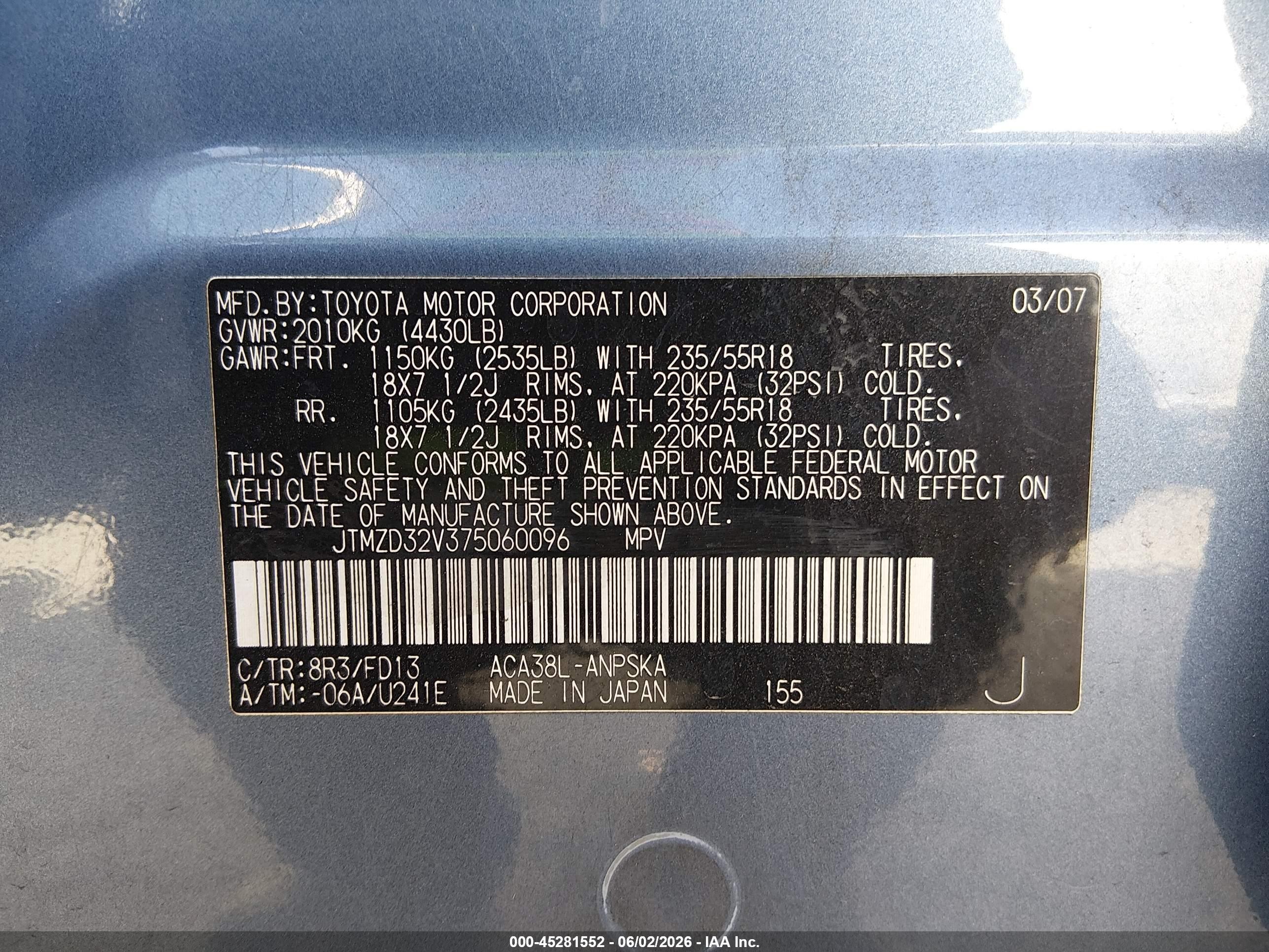 2007 Toyota Rav4 Sport Blue vin: JTMZD32V375060096