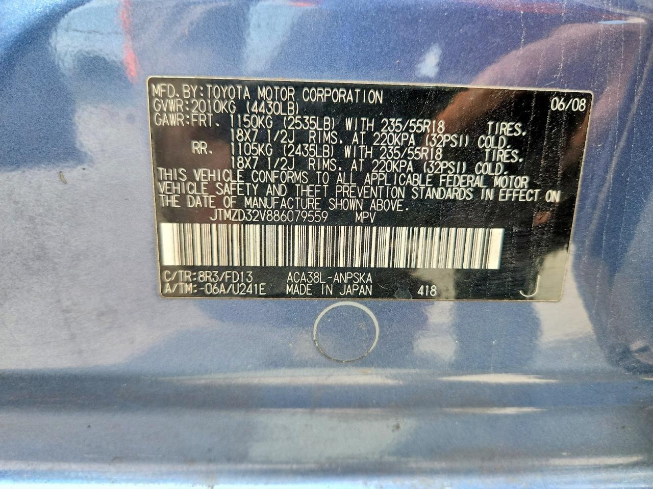 2008 Toyota Rav4 Sport Blue vin: JTMZD32V886079559