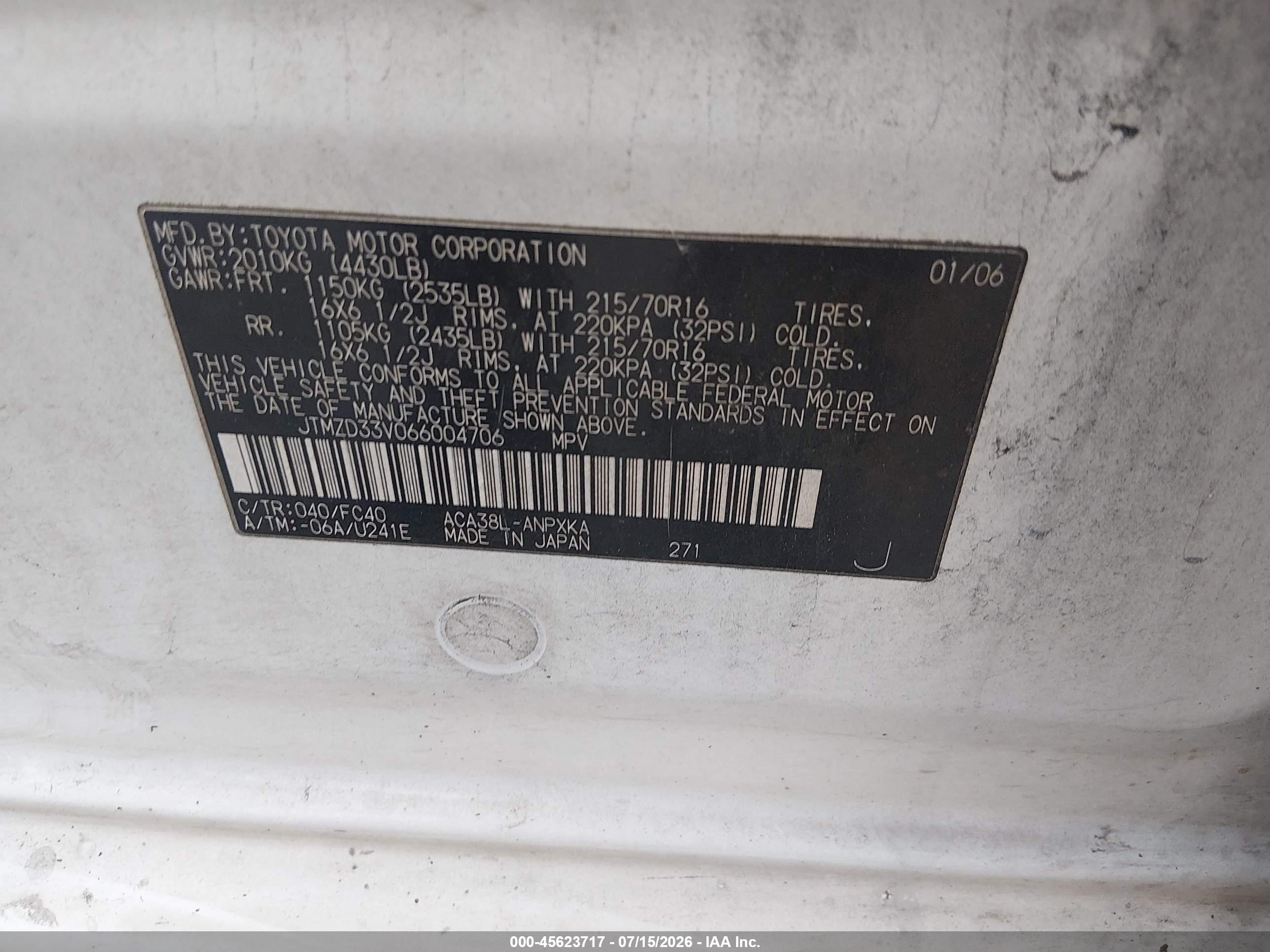 2006 Toyota Rav4   White vin: JTMZD33V066004706