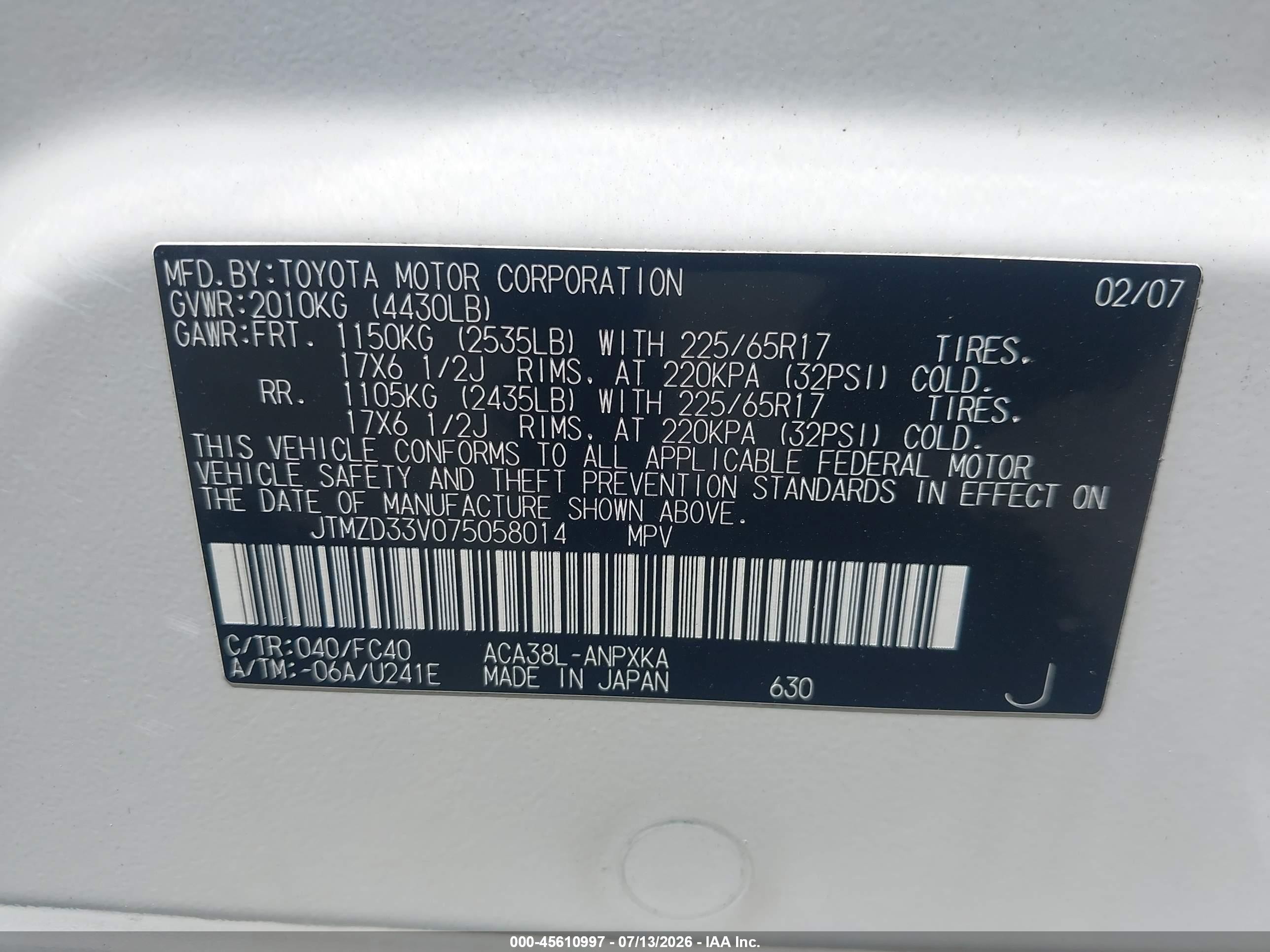 2007 Toyota Rav4 White vin: JTMZD33V075058014