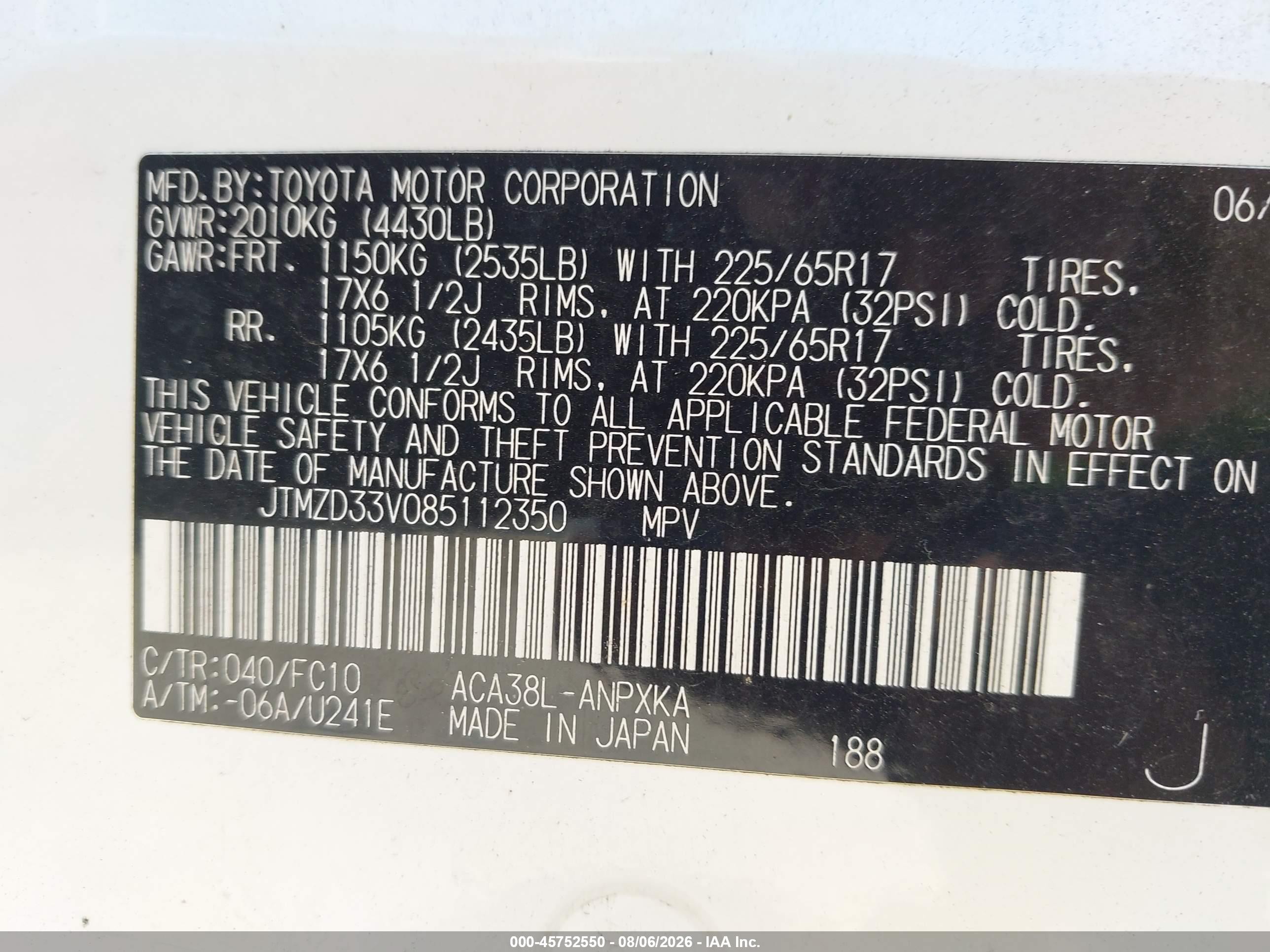 2008 Toyota Rav4   White vin: JTMZD33V085112350