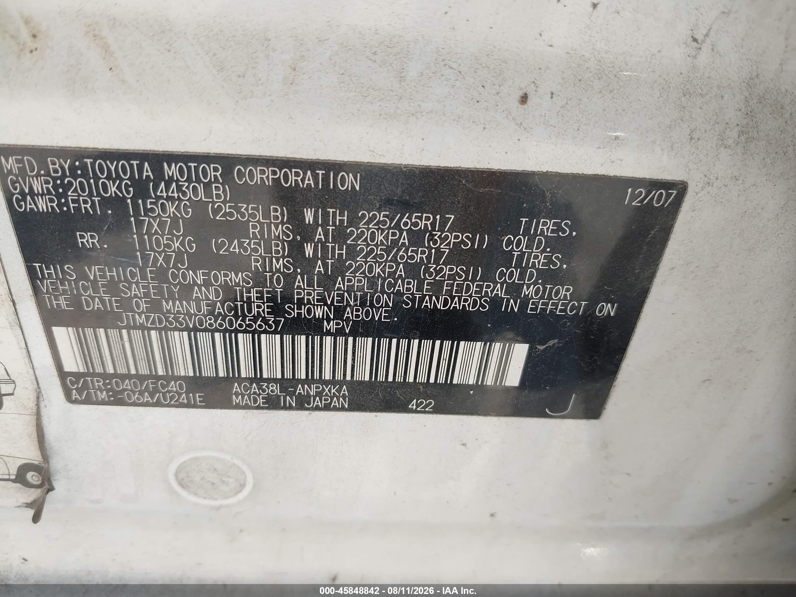 2008 Toyota Rav4   White vin: JTMZD33V086065637