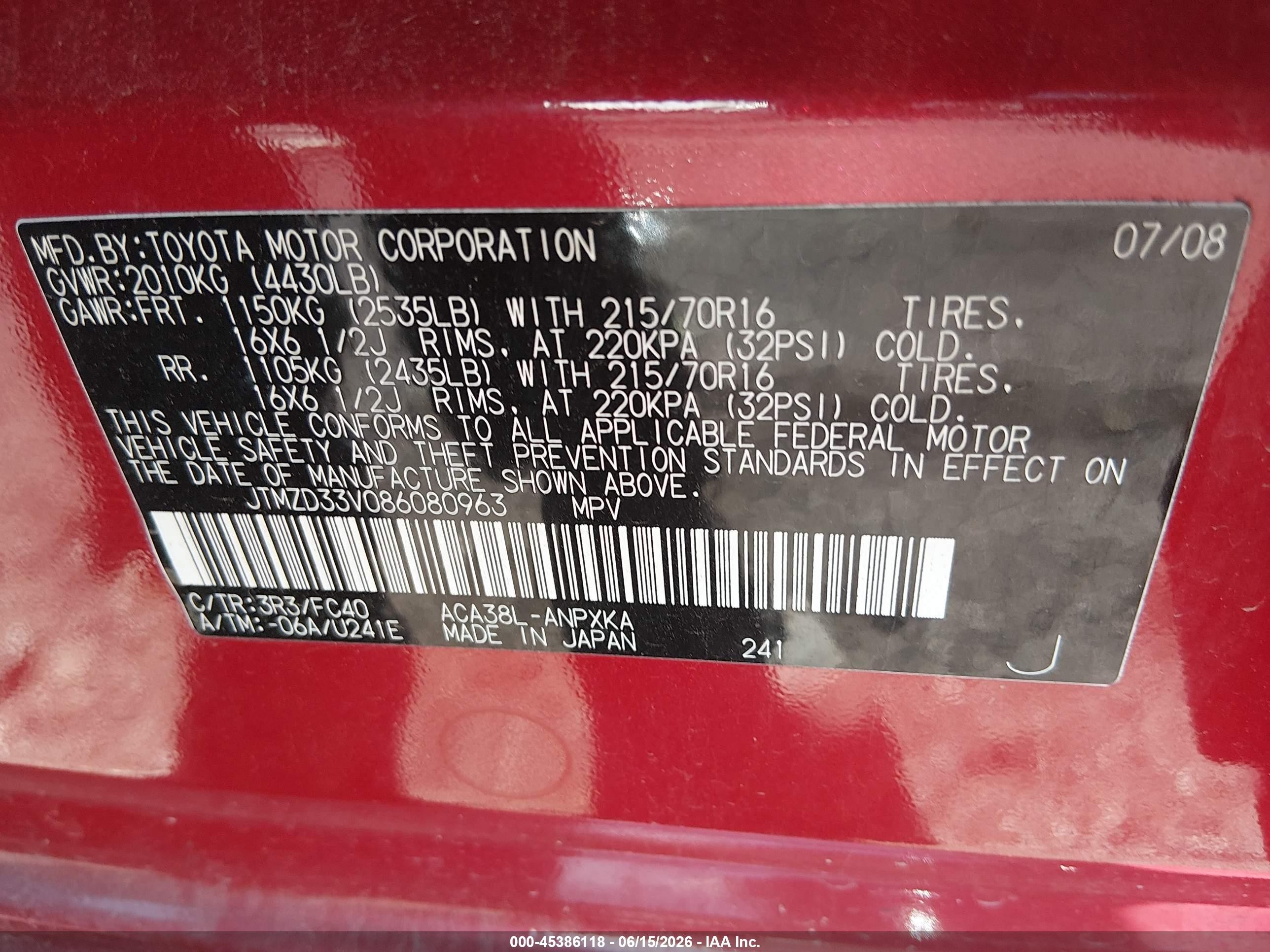 2008 Toyota Rav4   Red vin: JTMZD33V086080963
