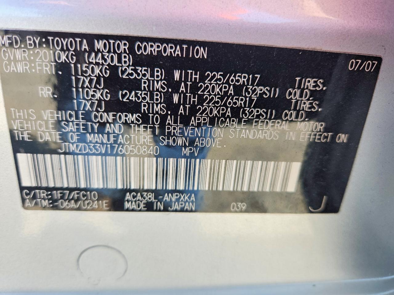 2007 Toyota Rav4 Base Silver vin: JTMZD33V176050840
