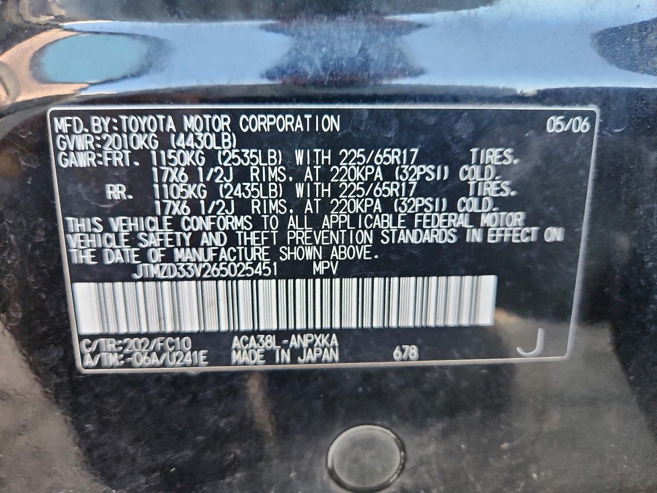 2006 Toyota Rav4 Base Black vin: JTMZD33V265025451