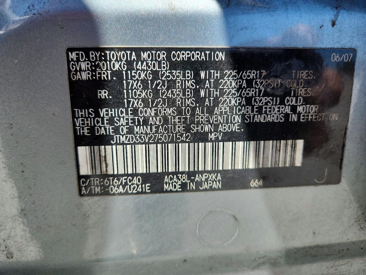 2007 Toyota Rav4 Base Silver vin: JTMZD33V275071542